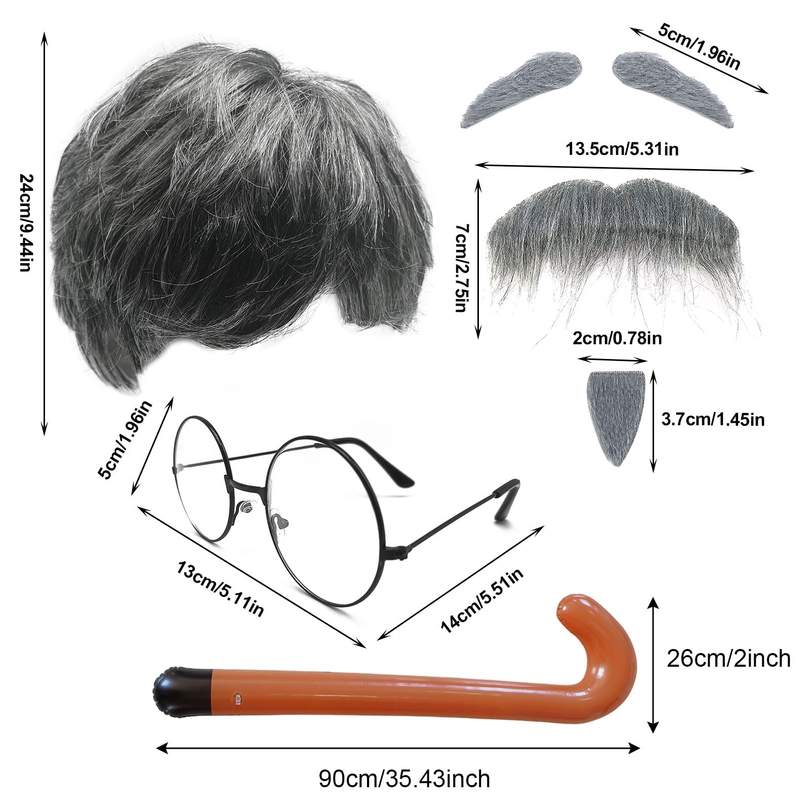 MIVAIUN 8 Pcs Fancy Dress Grandpa Set, Old Man Wig, Grey Fake Beard, Eyebrows, Cap, Glasses, Inflatable Walking Stick - Image 2