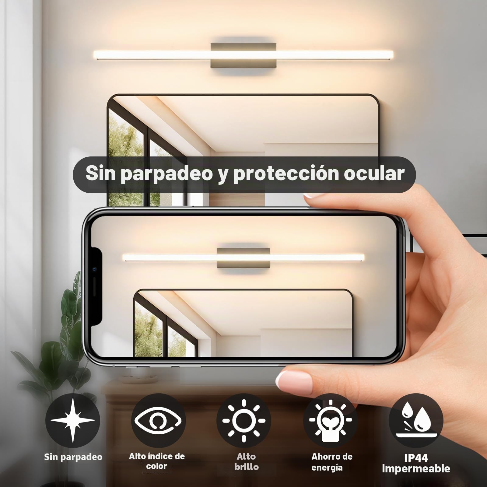 Led Aplique Espejo Baño, 60CM Luz Espejo Baño IP44 Blanco Frio 3000K Pared Luz, 10W Lampara Apliques de Para de Impermeable Plata