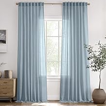 Stone Blue Semi Sheer Linen Curtains 84 Inch Long 2 Panels for Living Room