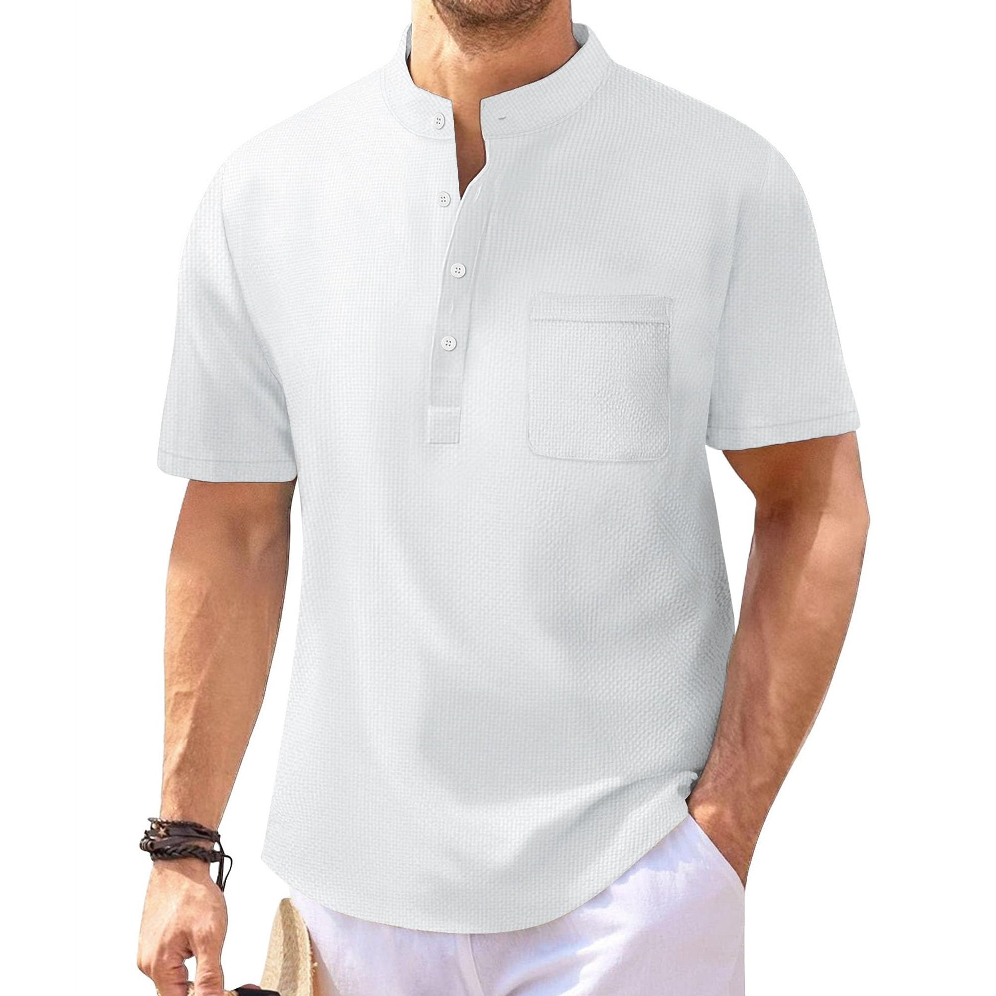 Zylphorix Men Quarter Button Short Sleeve T-Shirt Stand Collar Breathable Plaid Shirts Summer Cozy Workplace Polo Pullover (White,Small)