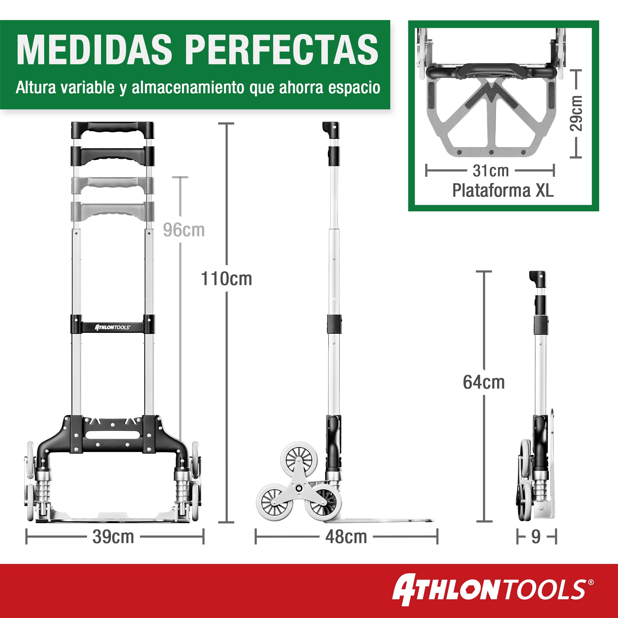 ATHLON TOOLS Carretilla Plegable de Aluminio, TÜV GS-Certificado, Mango 110 cm, Almohadillas Antideslizantes, Modelo 2025