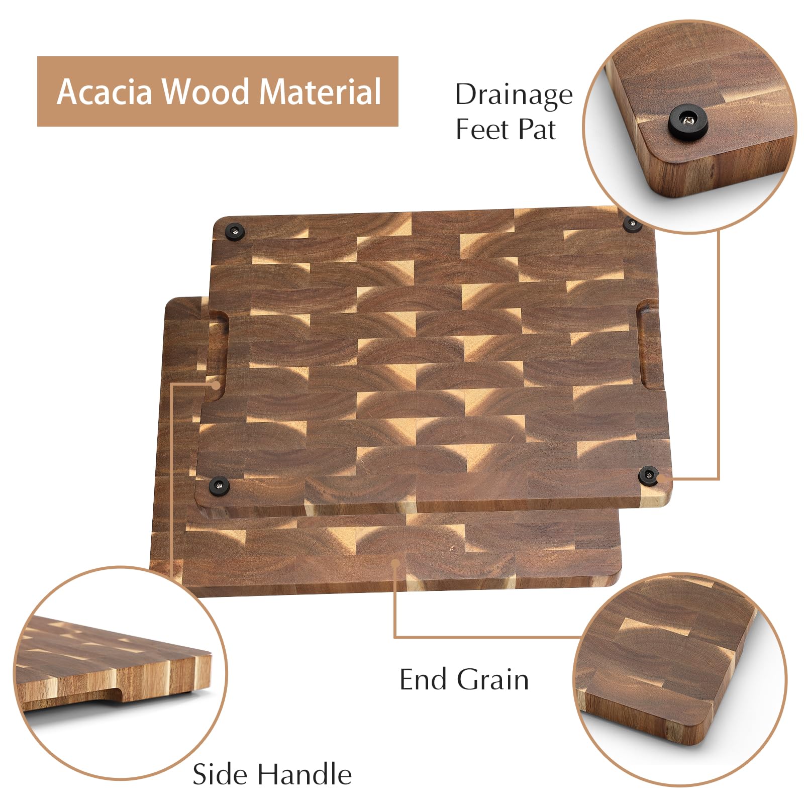 HEZHEN Wooden Cutting Board,End Wood Grain Chopper Board, Built-in Handle, Acacia Wood Serving Board - Image 3