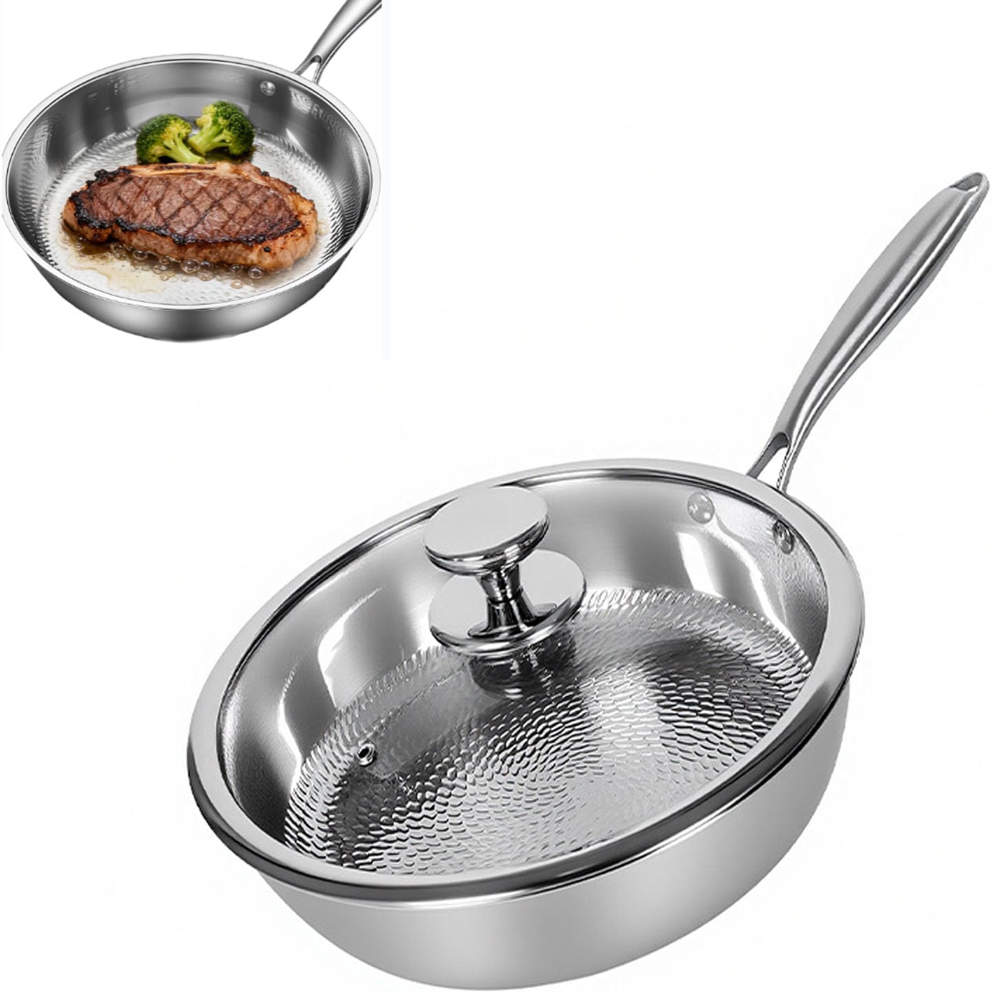 Titanium Hammered Pan, Durable Scratch-Resistant Titanium Frying Pans for Cooking, No-Coating Nonstick Skillet, Even Heating for Cooking, Nutritious Pan for Cooking,with lid,8.66in