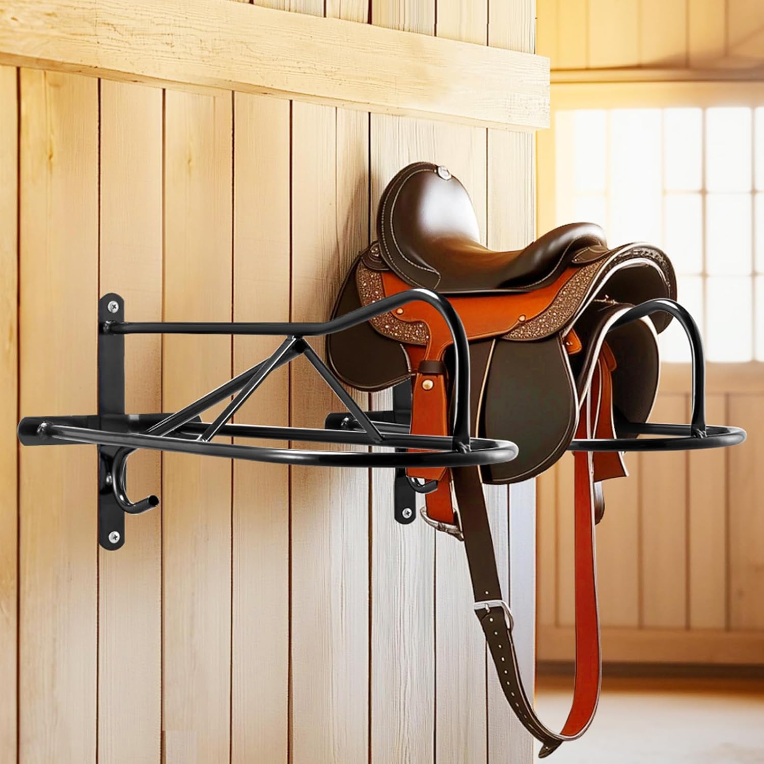 VEVOR Wall Mount Saddle Rack, 27.3 x 16.3 x 12.5 in, 8 Packs Horse Saddle Rack with Pad Bar, Portable Saddle Stand for English & Western Saddle, Horse Tack Storage for Equestrian Garden, Black - Image 8