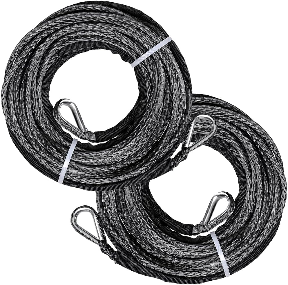 Combo 2PCS Black 50ft x 1/4in 7500 lbs Synthetic Fiber Winch Rope Extension Line Cable with 39" Rock Guard, Both End Thimbles for Recovery Towing ATV UTV SUV 4x4 Snowplows Car Truck