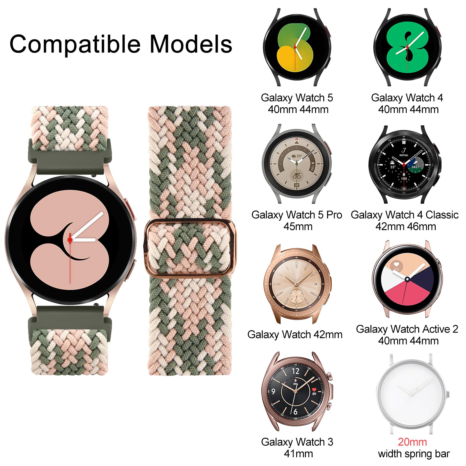 Braided Stretchy Strap Compatible With Garmin Forerunner 55/645/245, 20mm Nylon Band for Garmin Watches (Rose & Green) - Image 3