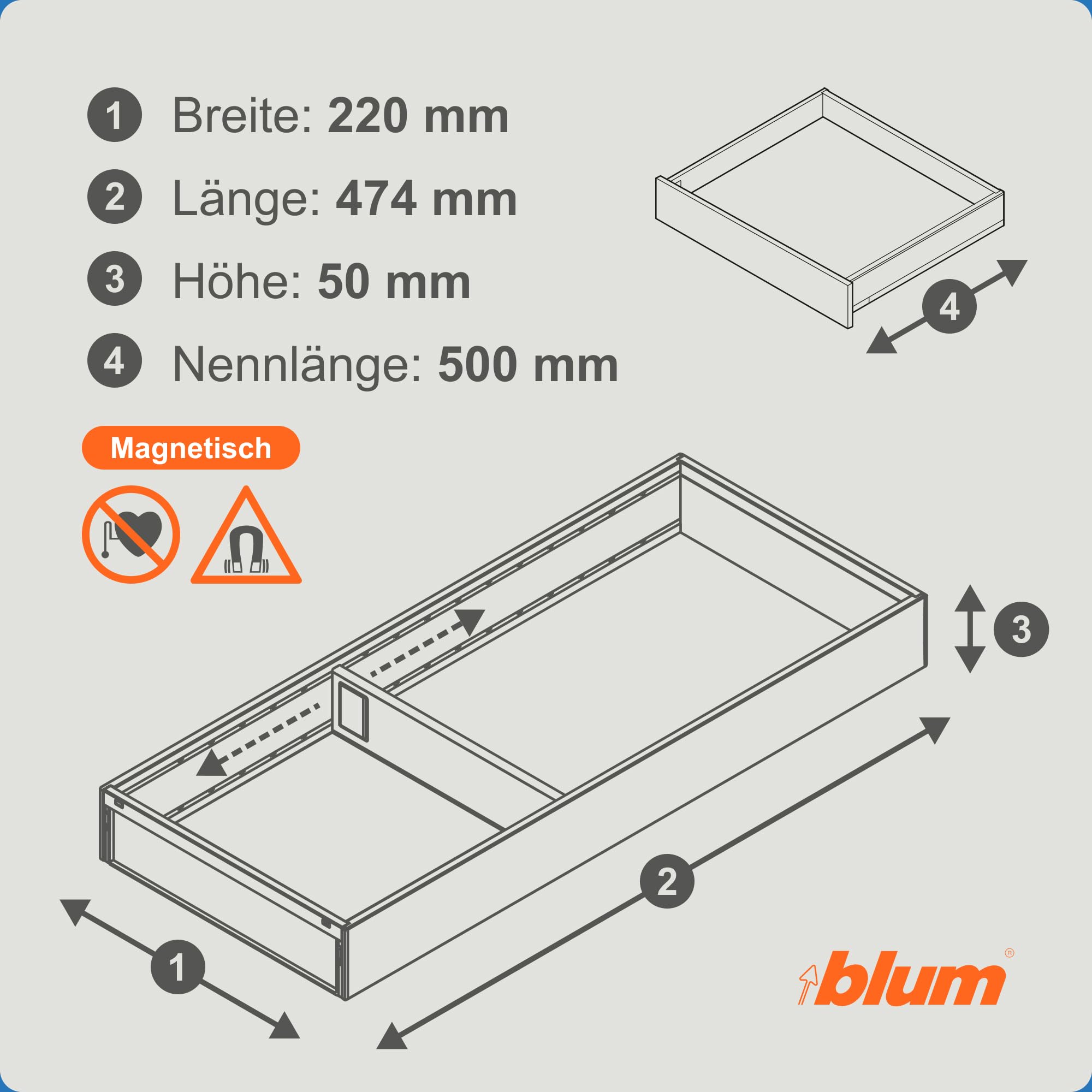 Blum AMBIA-LINE Schubladen-Organizer Stahl 47×20×5 cm | Oriongrau | Küche