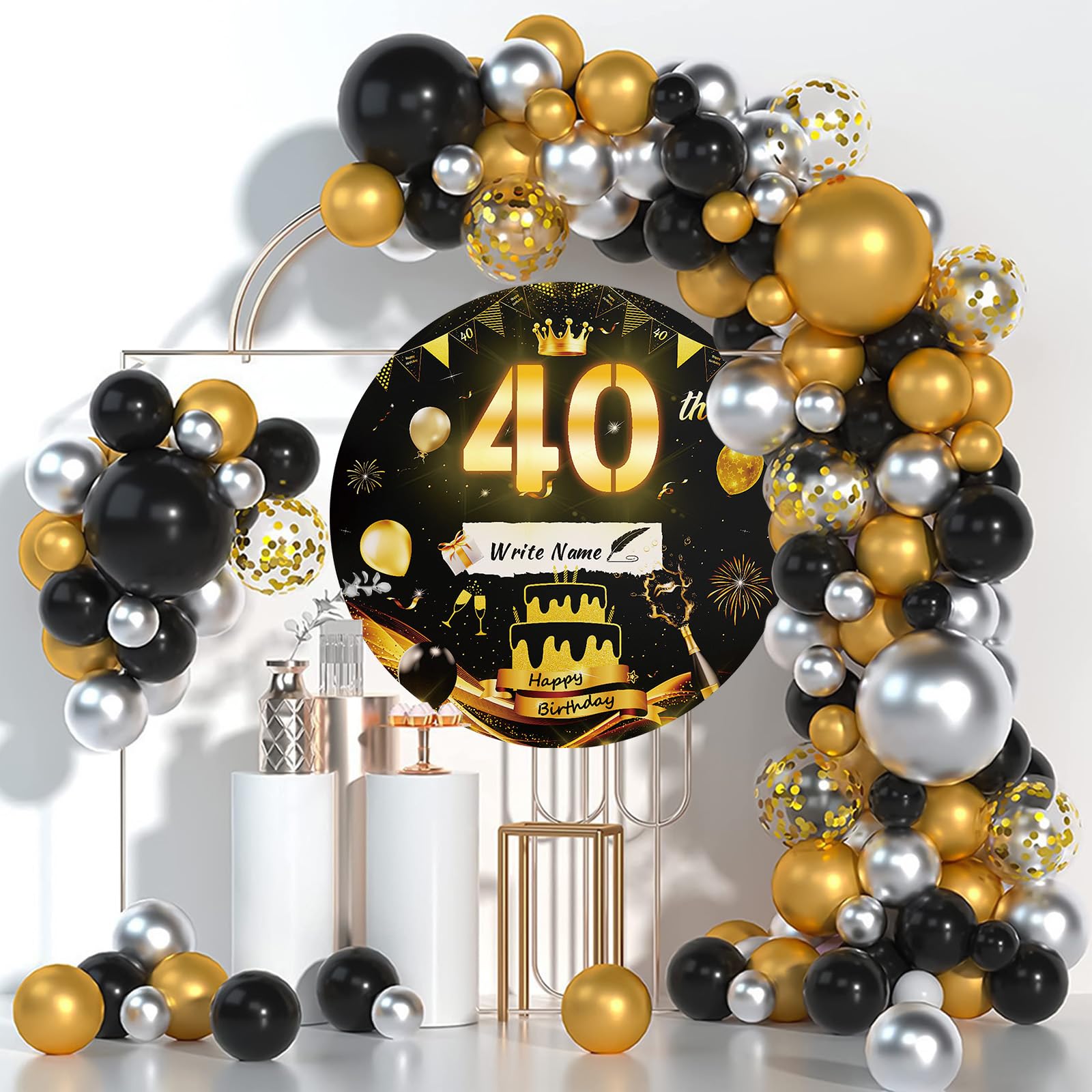 Partydekorationen zum 40. Geburtstag, mit Lichtern, Papphintergrund mit Lichtstreifen, Schwarzgold, 0,8 m, Mosaik-Hintergrundabdeckung, rund, 40 Happy Birthday, DIY-Rahmenbrett für Wand, Hof