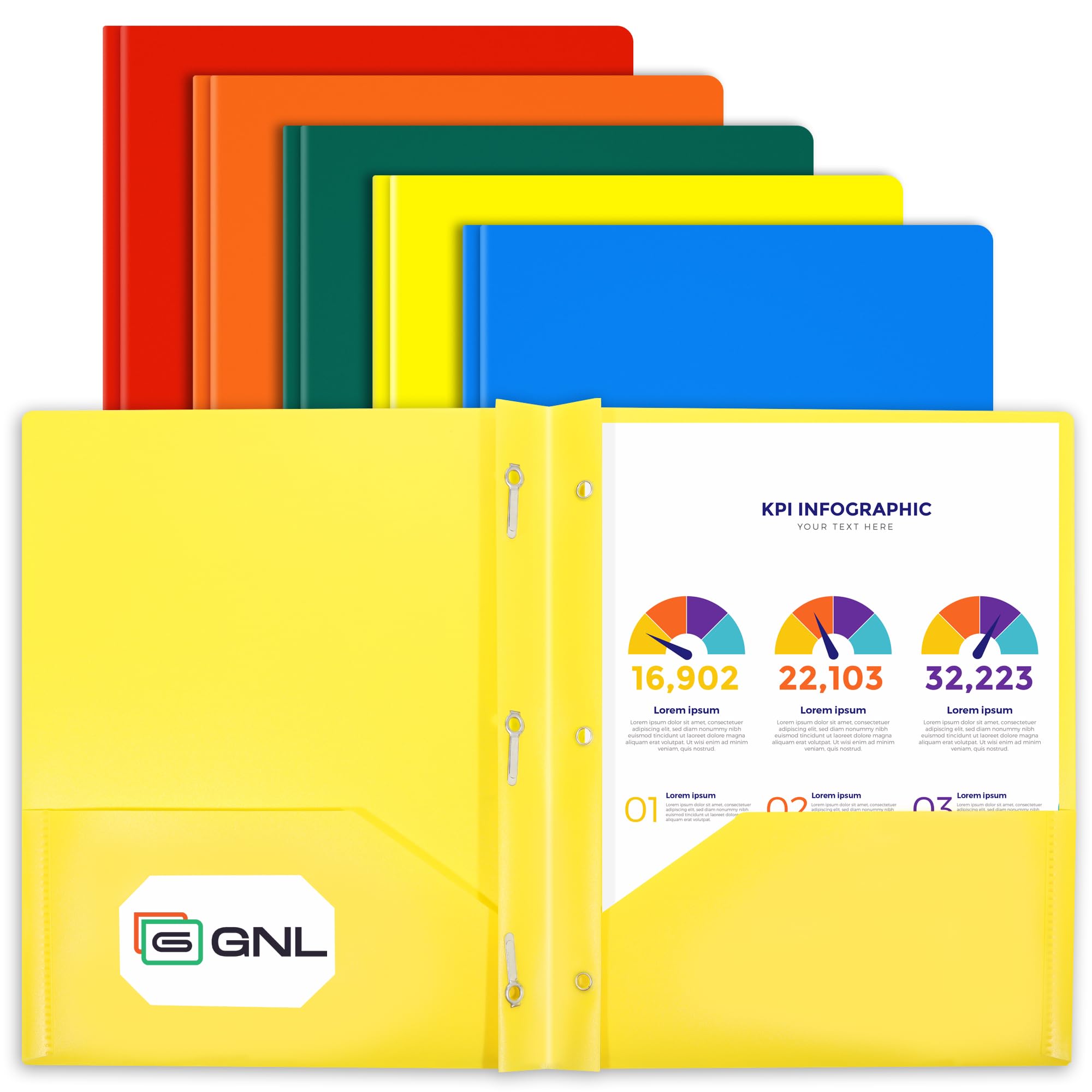 GNL Plastic Folders with Pockets and Prong, Pack of 5, Colored Heavy Duty 2 Pocket File Folders Letter Size, Folders with Prongs for School, Home, and