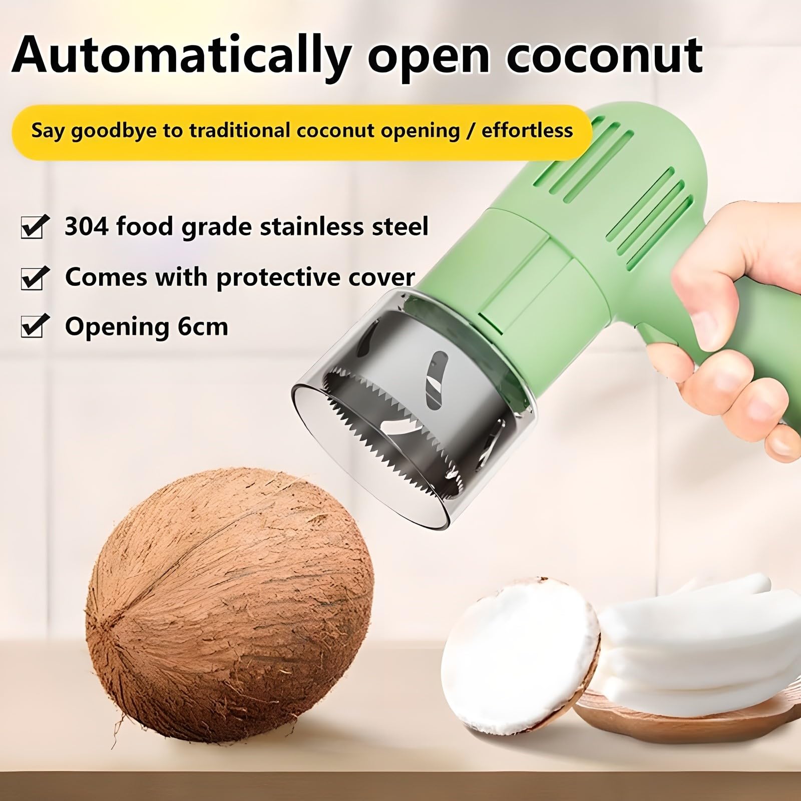 Ouvre-Noix de Coco Électrique, Outil Portable en Acier Inoxydable avec Grattoir, Diamètre D'ouverture 6 Cm, Facile Ouvrir, pour Magasin Et Restaurant