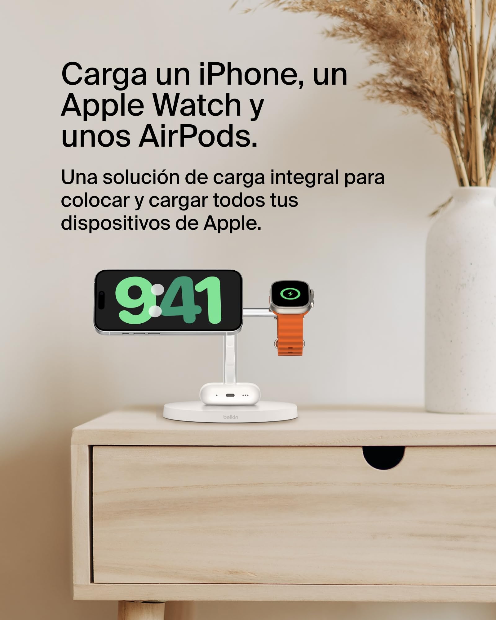 Belkin BoostCharge Cargador Qi2 3 en 1, Estación de Carga Inalámbrica con MagSafe, Base de Carga Qi2 para iPhone 17, Air, Pixelsnap, Apple Watch, AirPods, Fuente de alimentación - Blanco