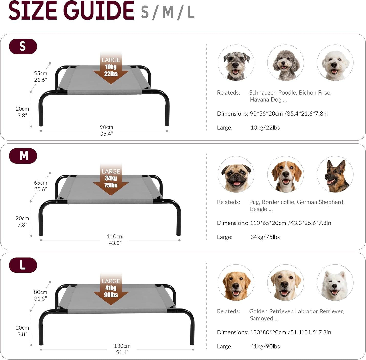 Elevated Dog Bed with Breathable Mesh Fabric, Raised Pet Cot with Airflow and Support, Durable and Easy to Clean (Grey, Medium)