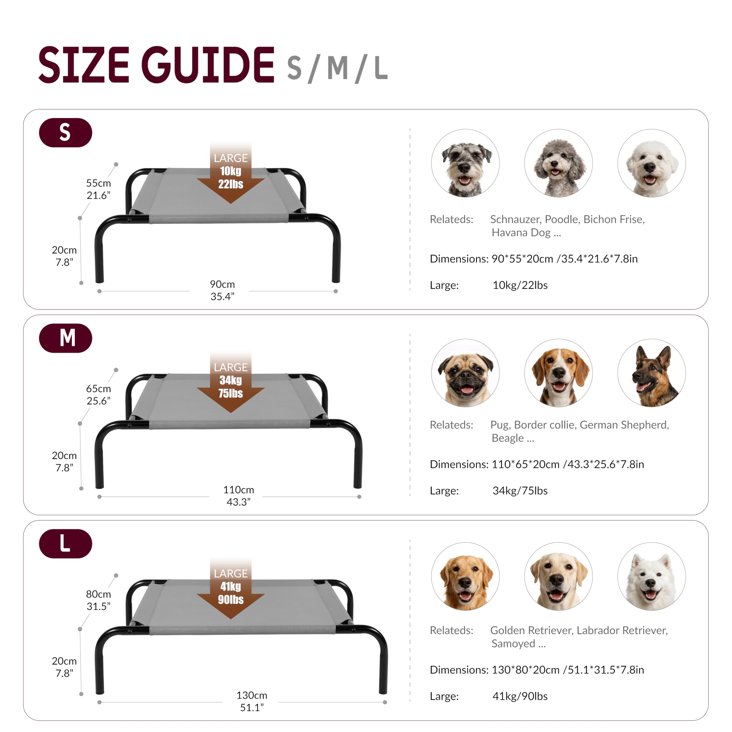 OUTSIDER Cama elevada para perros cama elevada para mascotas con cama fría transpirable y lavable para perros grandes, medianos y pequeños, marco de acero estable que soporta hasta 10 kg, S, (90 x 55
