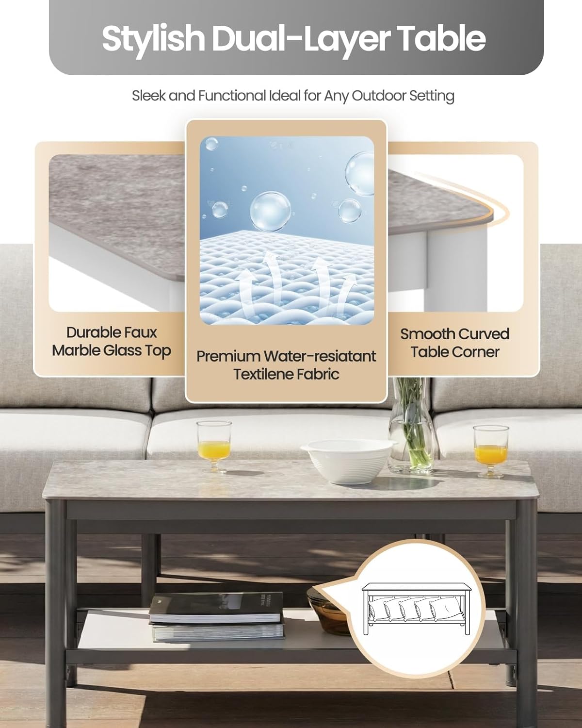 Aluminum Patio Furniture Setwith PE Rope Dual-Layer Coffee Table Luxury Patio Conversation Sets with 6" Cushions for Backyard Porch Balcony Poolside Garden