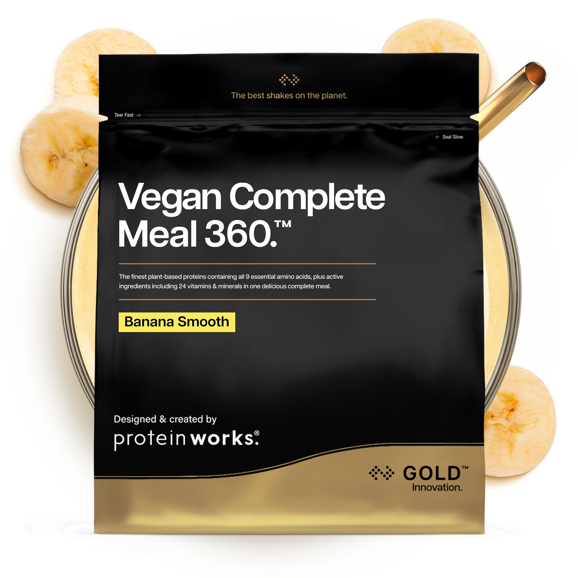 Protein Works | Vegan Complete Meal 360 - GOLD Innovation, Award-Winning Vegan Protein Meal Replacement Shake, Premium Plant-Based Ingredients, Vitamins & Minerals, Banana Smooth, 10 Meals, 1kg