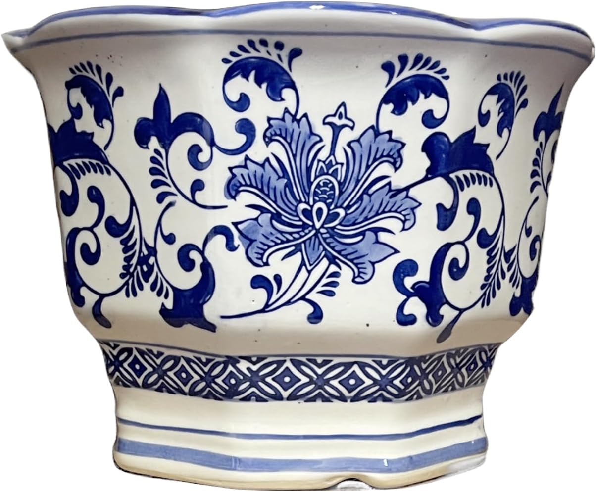 Generic 8.5"" Diameter Octagon Shape Scalloped Top Oriental Lotus Flowers & Vine Blue & White Ceramic Planter Plant Pot with Drain Hole