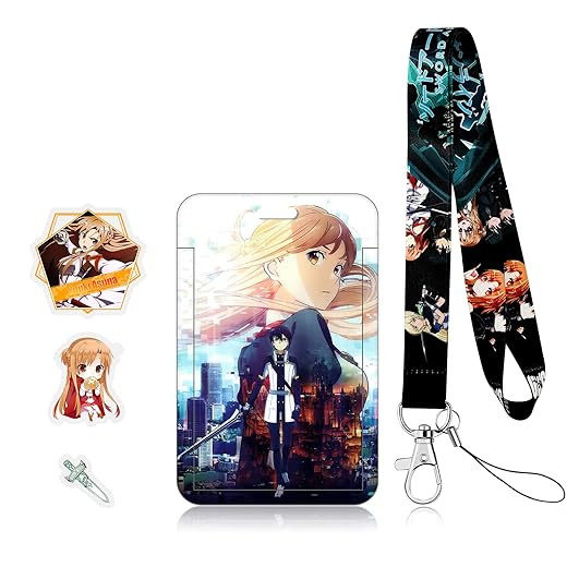 TJIUSI Anime Lanyard Sword Art Online for Kids with ID Badge Holder Neck Lanyard and Sword Art Online Brooch Pins Anime Card Badge Holder and 3PCS Asuna icon Button Pins for Women Men Teens Gifts