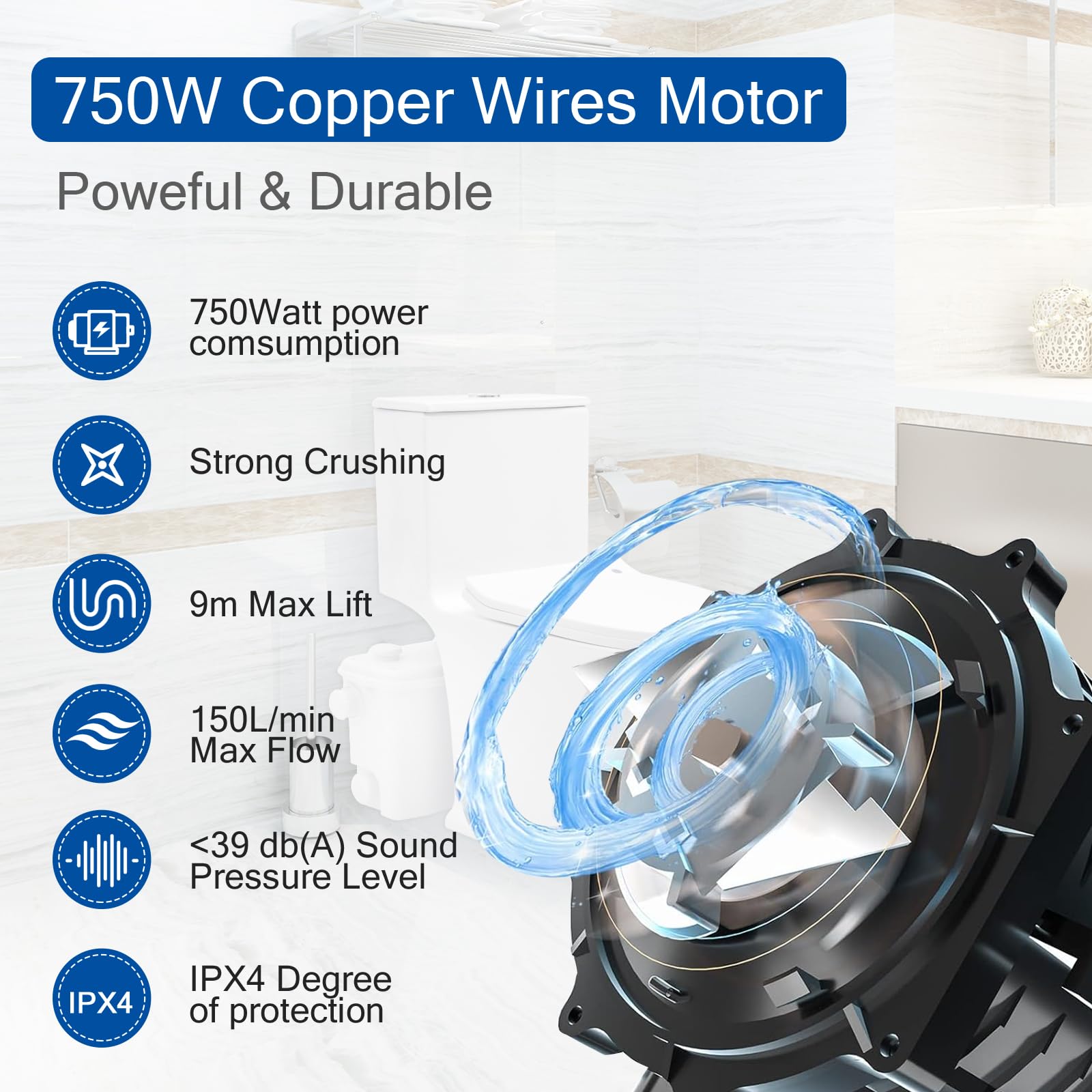 Bomba de agua FLO750W Schmutzwasser Fäkalien Hebeanlage Kleinhebeanlage für WC Toiletten, Dusche, Waschbecken, Waschmaschine, Spülmaschinen, Abnehmbare inspektionsplatte 4 Eingänge, 2 Ausgänge