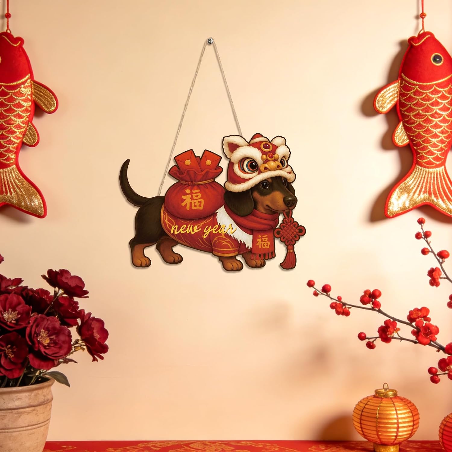 Chinese New Year Dachshund Door Sign, Wooden Dog Happy New Year Door Hanger Seasonal Spring Festival Hanging Ornament Decorative Plaque for Holiday Home Entryway Farmhouse Decor image 5