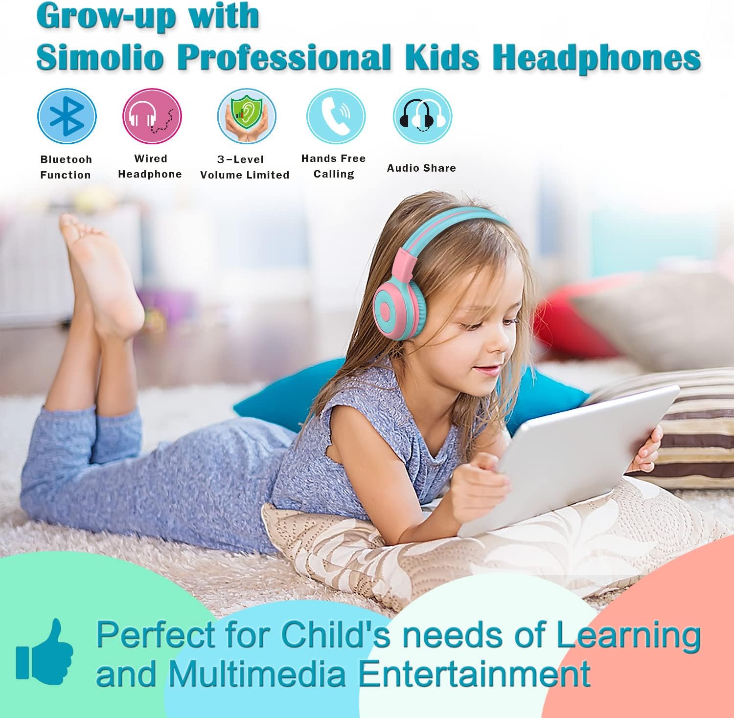 Cheapest 🛒 SIMOLIO Kids Bluetooth Headphones with MIC & Volume Control & Portable Bag, 75dB,85dB,94dB Volume Limited Kid Stereo Headset, 15H Playtime, Foldable Childrens Headphones for Study iPad Tablet Airplane