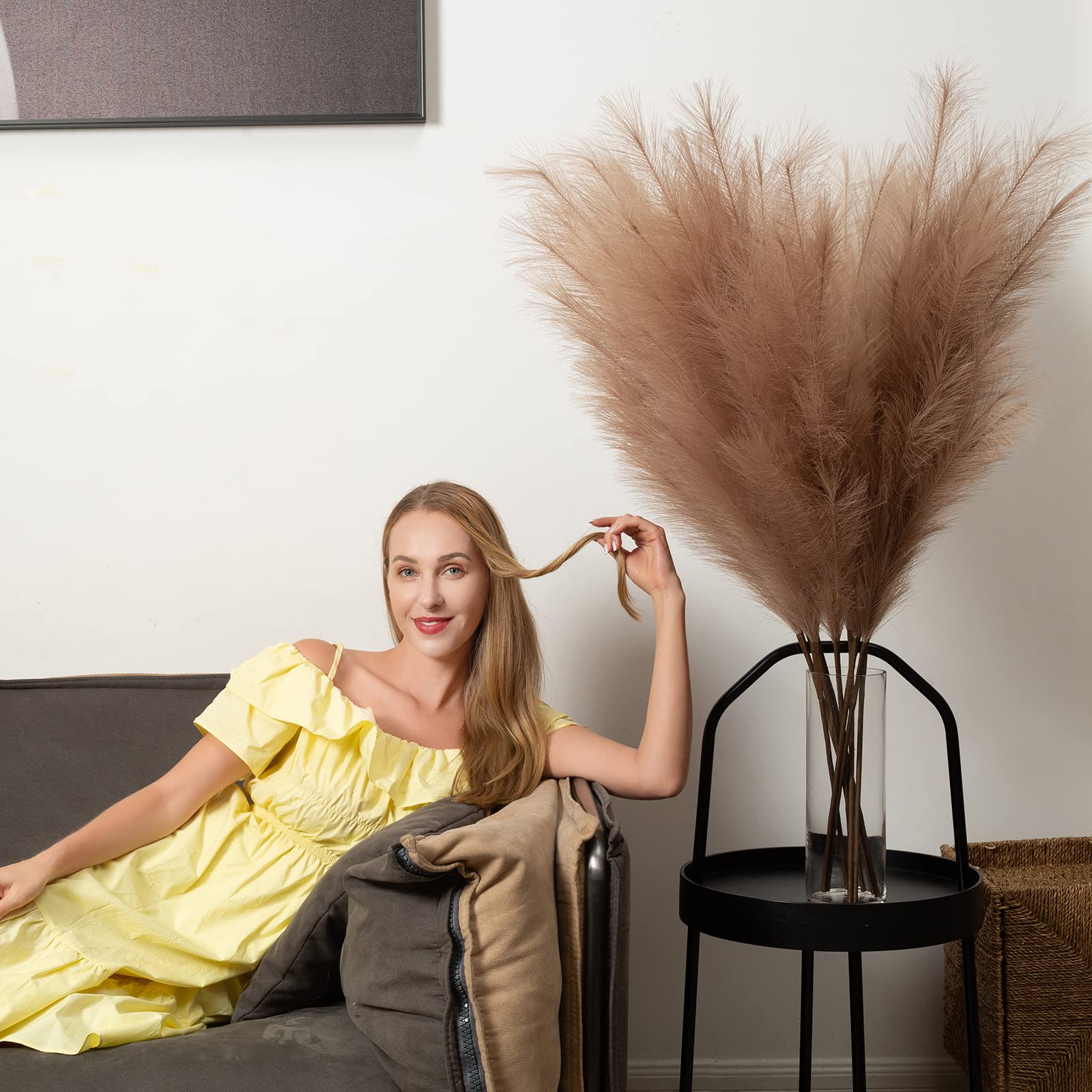 Dekoracja trawy pampasowej, wysoka, 110 cm, sztuczna trawa pampasowa, 6 łodyg, duże gałązki trawy, wysokie, luzem, boho, kompozycja kwiatowa do domu, pokoju, dekoracja weselna (taupe)