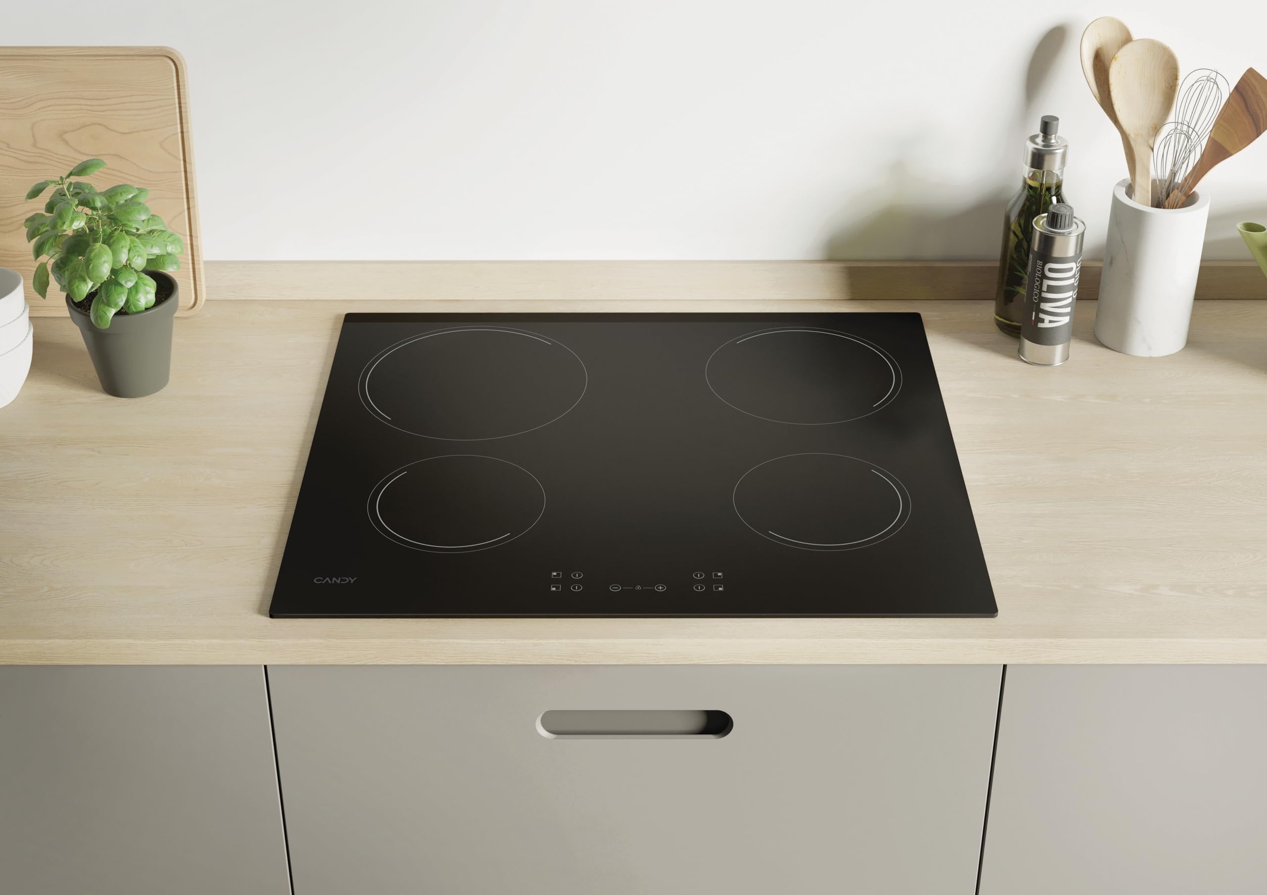 Candy Idea CH64CCB 4U2 Piastra in vetroceramica 4 fuochi, 60 cm, 10 livelli di potenza, 6,5 KW, comandi centrali, indicatore di calore, blocco di sicurezza, allarme surriscaldamento e versamenti, nero