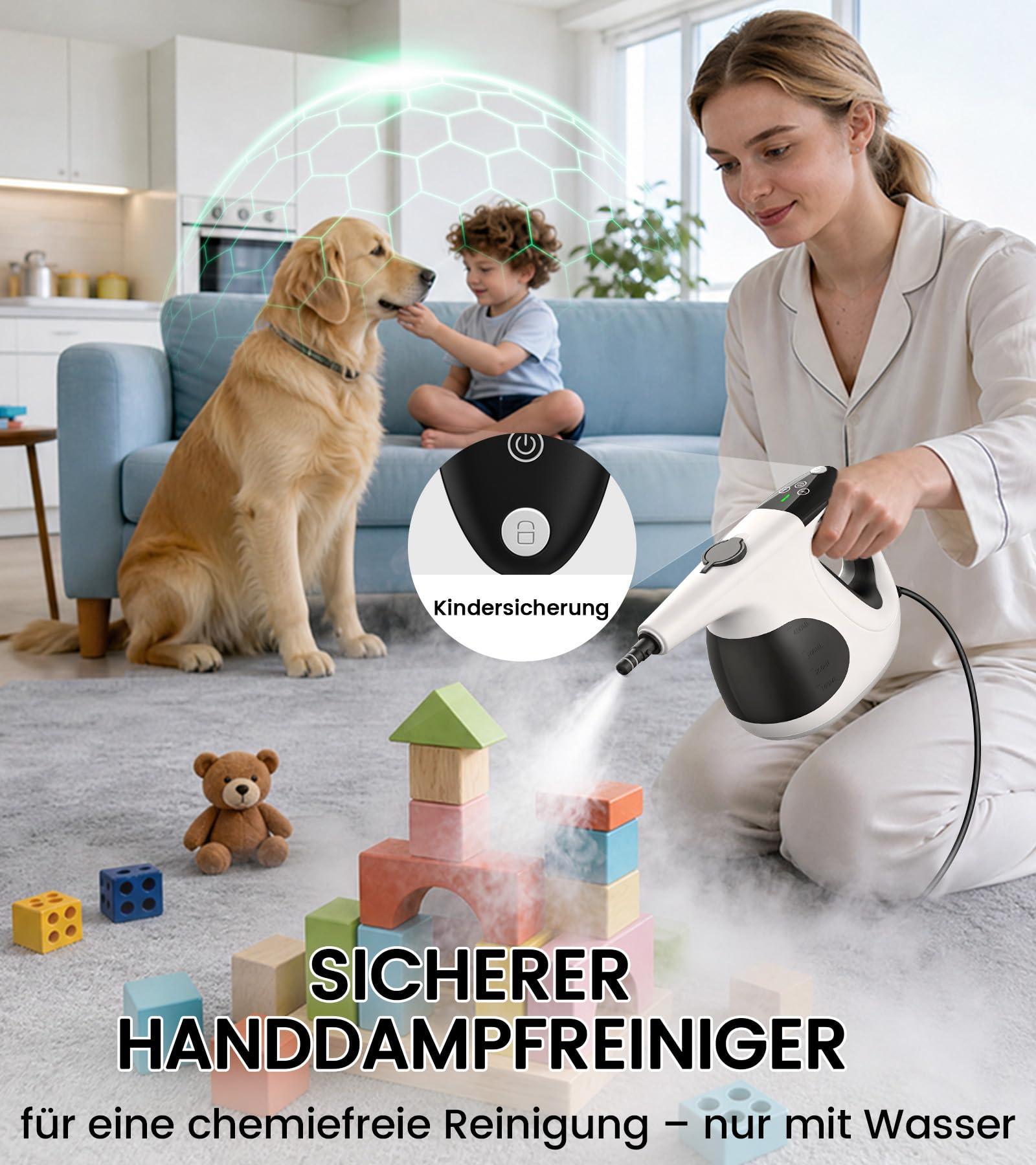 JBER Dampfreiniger Handgerät 1200W für Heim, 3 Sek.Aufheizzeit, 400ML Tank | Vielseitiger Dampfreiniger mit 3 Dampfstufen, 11 Zubehör,110℃ Handdampfreiniger mit 4,8m Netzkabel für Küche, Bad, Fenster