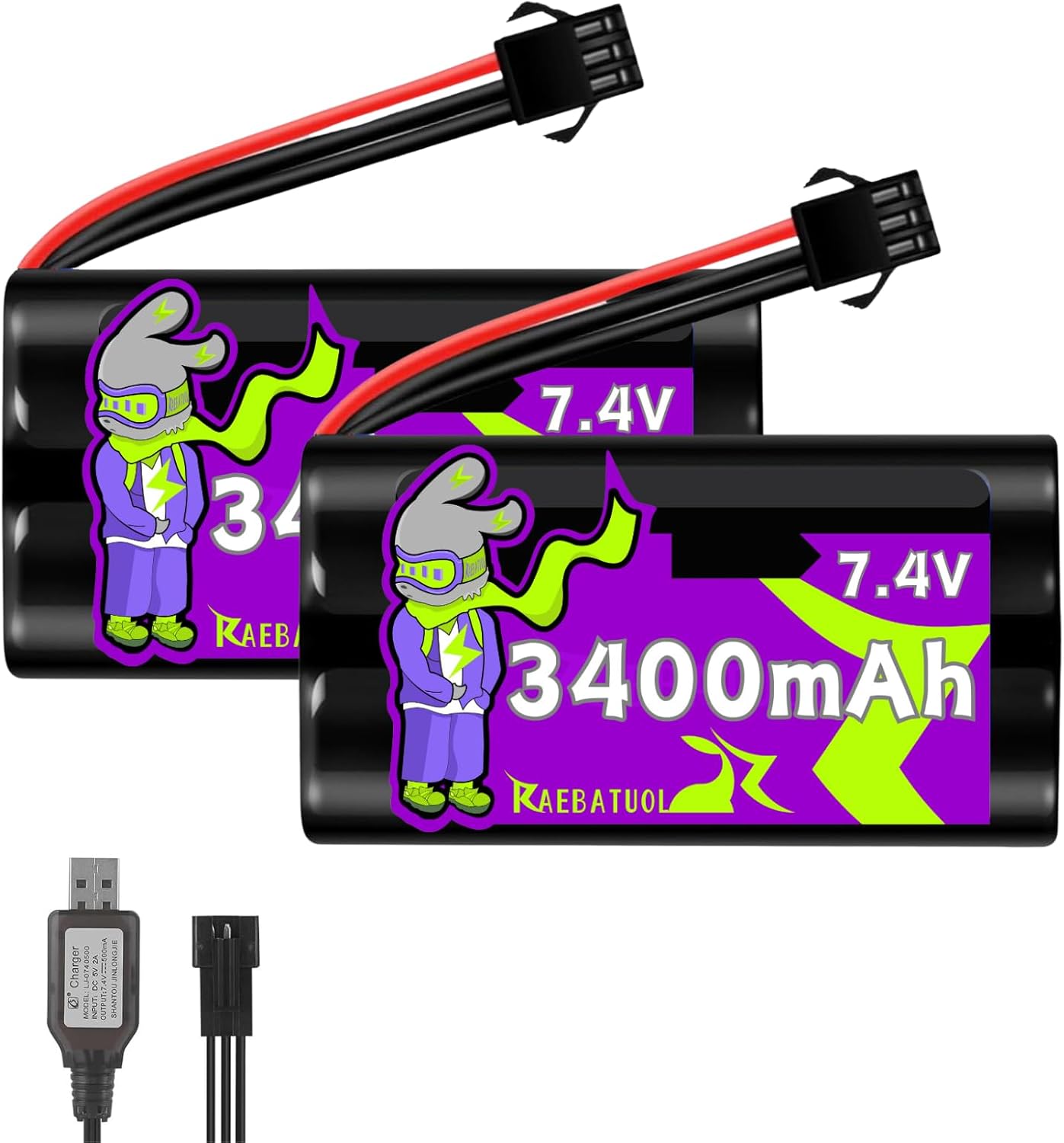 3400mAh 7.4V Li-ion Battery with SM-3P Plug,Rechargeable High Capacity RC Truck Battery for G03060R,Huina 1575,DE43 DE60 Racing Car New Version Amphibious RC Trucks with 1 USB Charger
