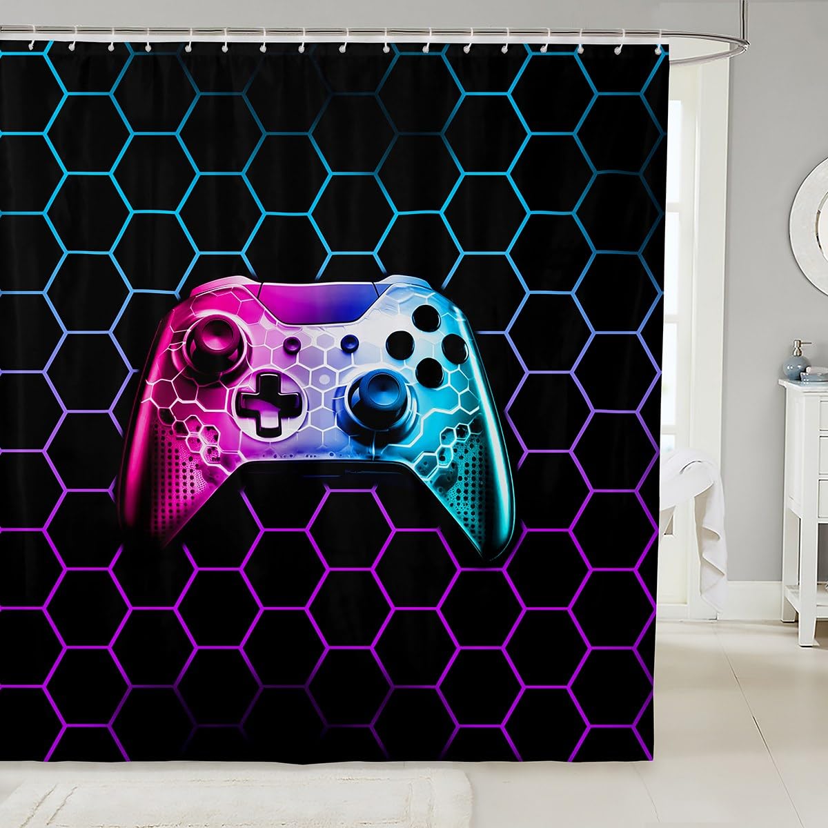 Video Games Gamepad Kids Shower Curtains,Gaming Gamepad Modern Gamers Bathroom Curtains for Boys Men,Geometric Honeycomb Hexagon Blue Purple