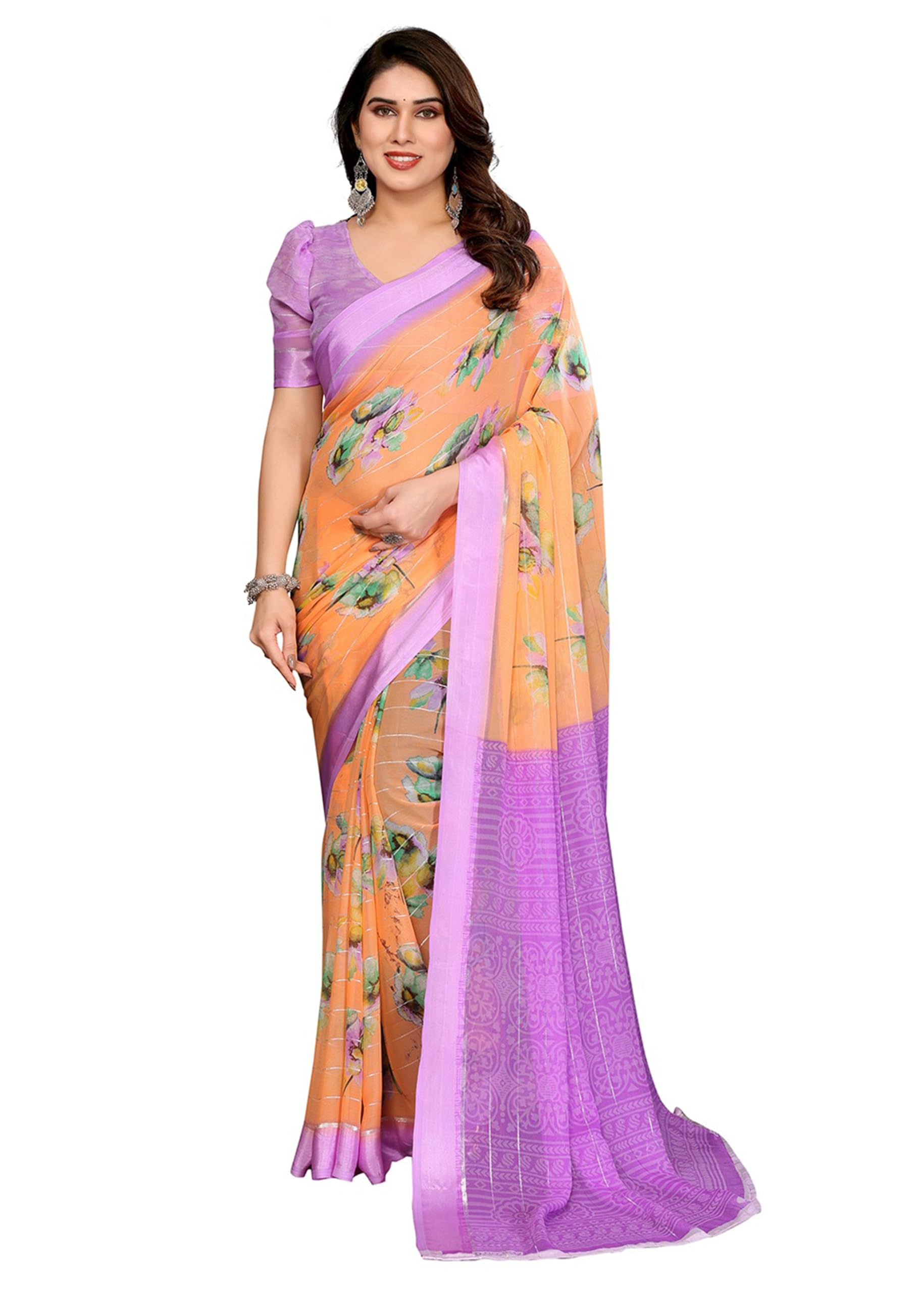 saree indiano donna Printed Georgette Light Weight Party Orange sari indiani donna Purple Blouse Piece-1198