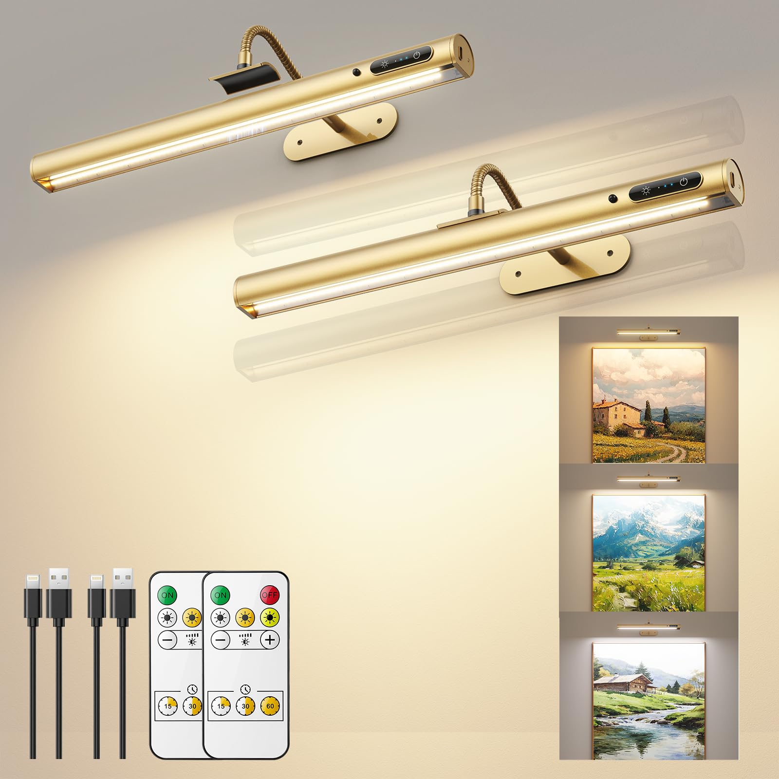 2 Illuminazione per quadri in alluminio senza fili, ricaricabile. Lampada per quadri senza fili con telecomando, dimmerabile. Applique da interno con batteria integrata, 3 temperature di colore timer