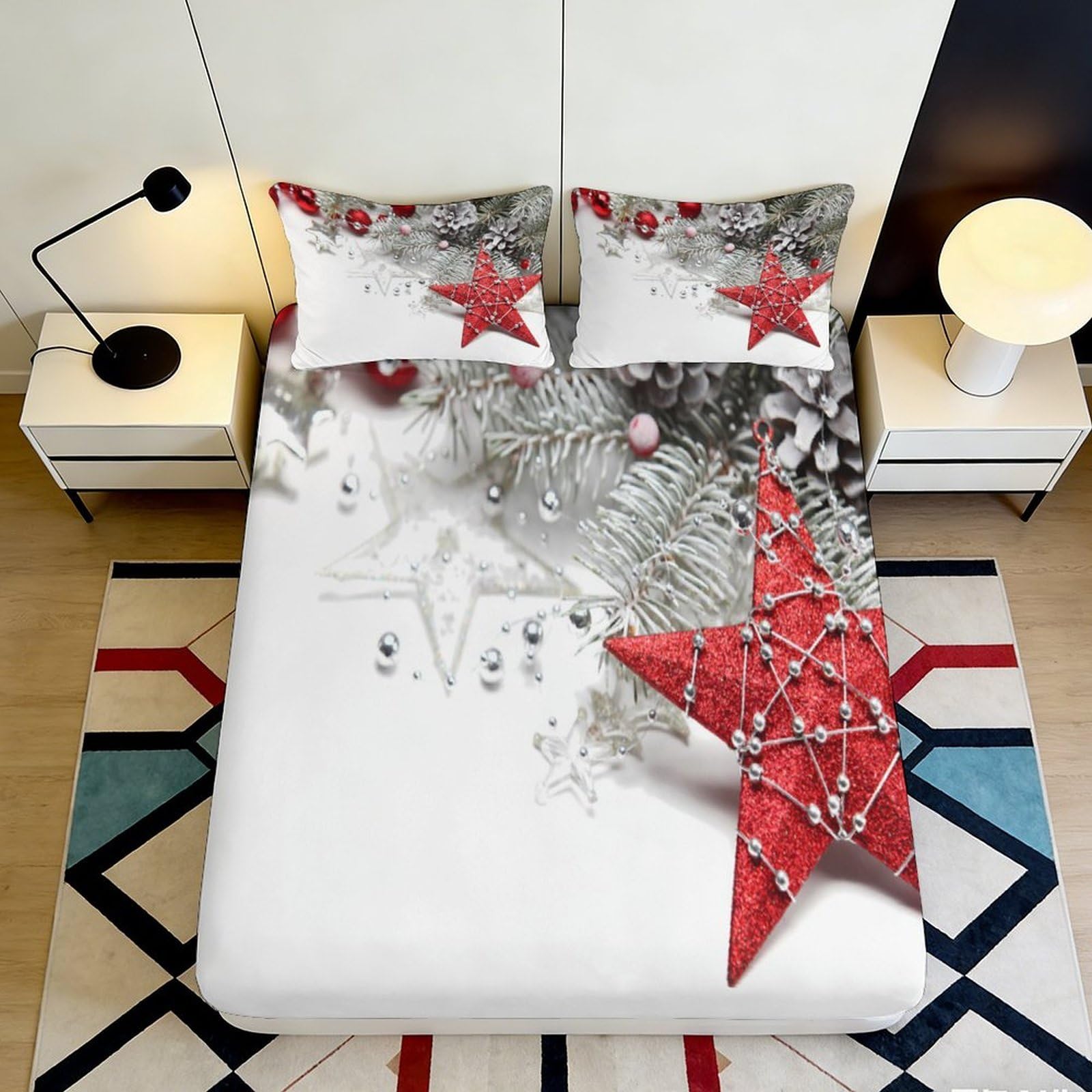 3D Printed Christmas Red Star Fitted Sheet Microfiber Soft Bedroom Decor Pine Cone Mattress Cover for Home Dorm 90x200x25cm