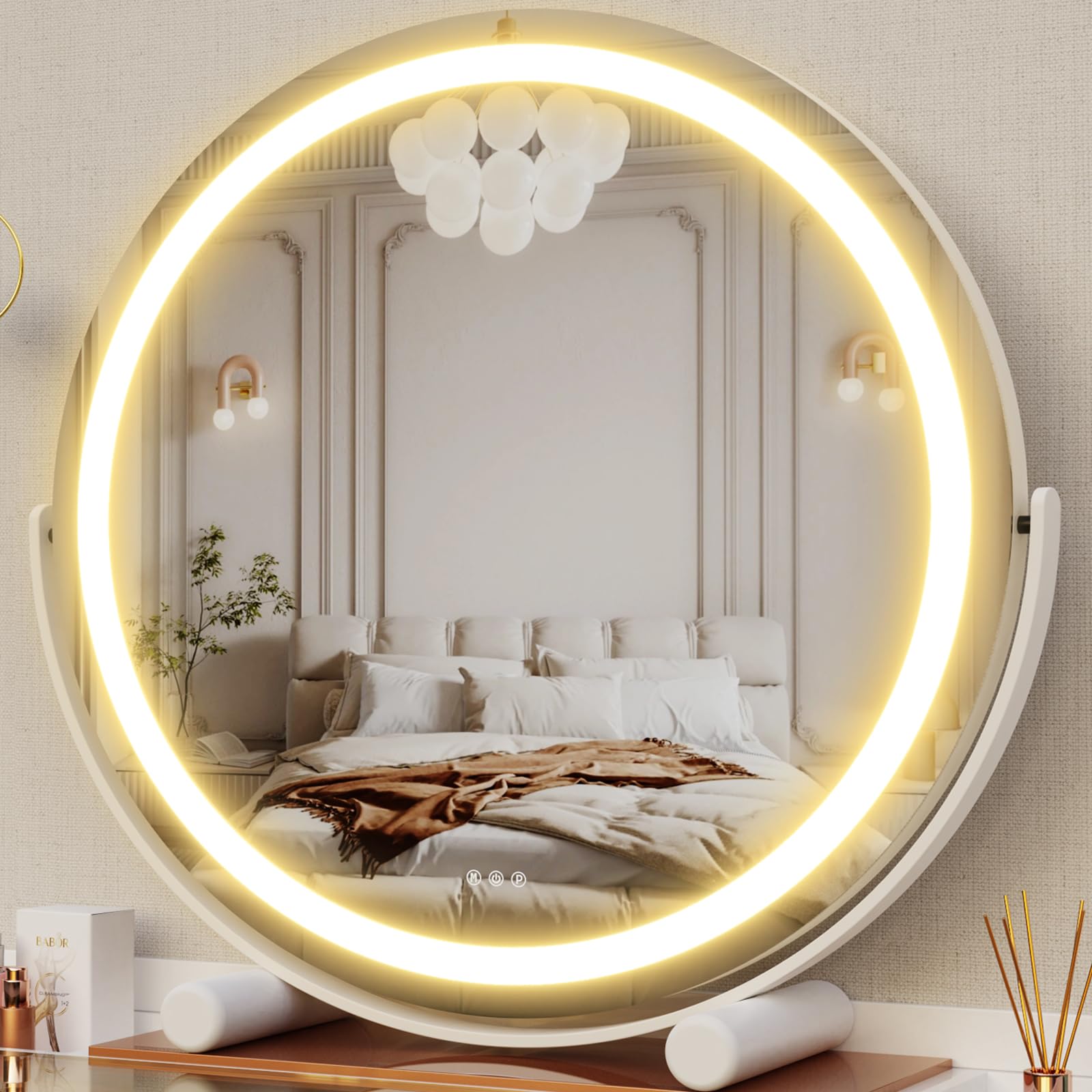 Gvnkvn 12" Vanity Mirror with Lights, LED Makeup Mirror, Large Round Mirror Lighted Makeup Mirror, Smart Touch Control 3 Colors Dimmable Mirror 360°Rotation White