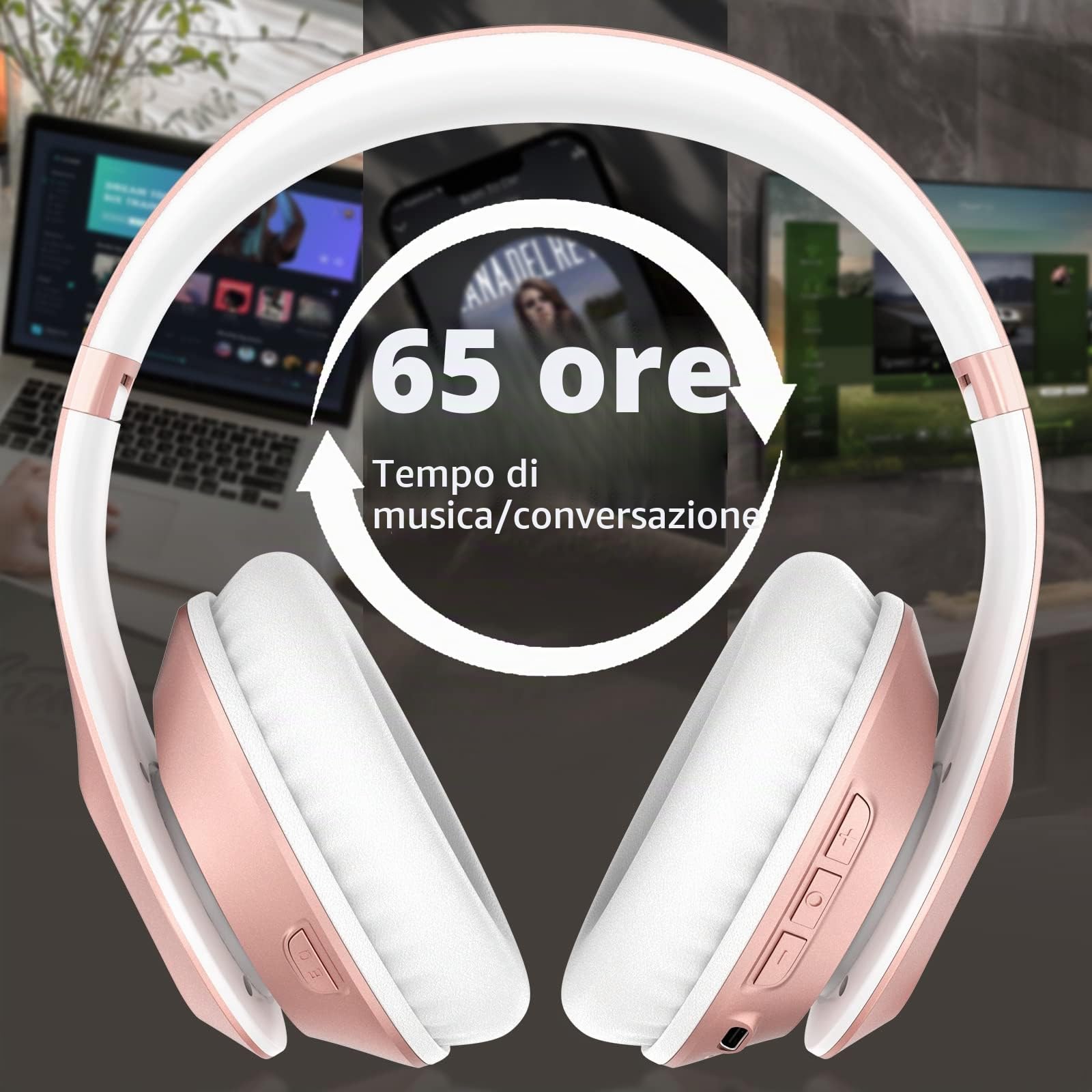 Cuffie Wireless Bluetooth 6.0, 65 Ore Di Riproduzione Cuffie Stereo HiFi con Microfono e 6EQ modalità, Pieghevole Cuffie Bluetooth Over Ear per Viaggio Smartphone Computer Portatile Rose Gold