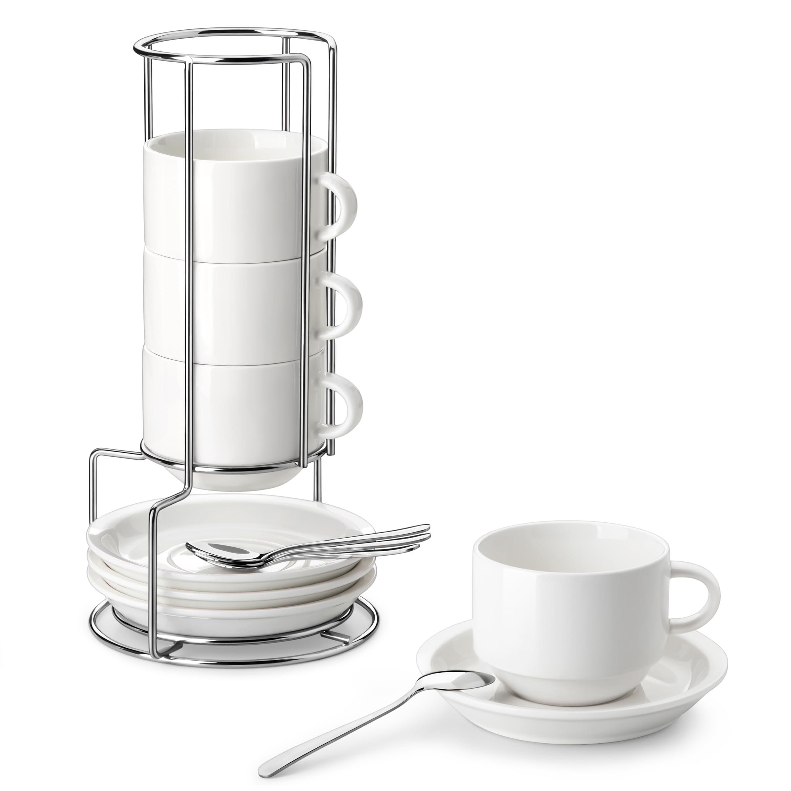 MALACASA Porcelain Espresso Cups Set of 4, with Saucers and Metal Stand, 8 Ounce Stackable Cappuccino Cups, Expresso Shots Cup Ceramic Demitasse Mugs, White with Spoon