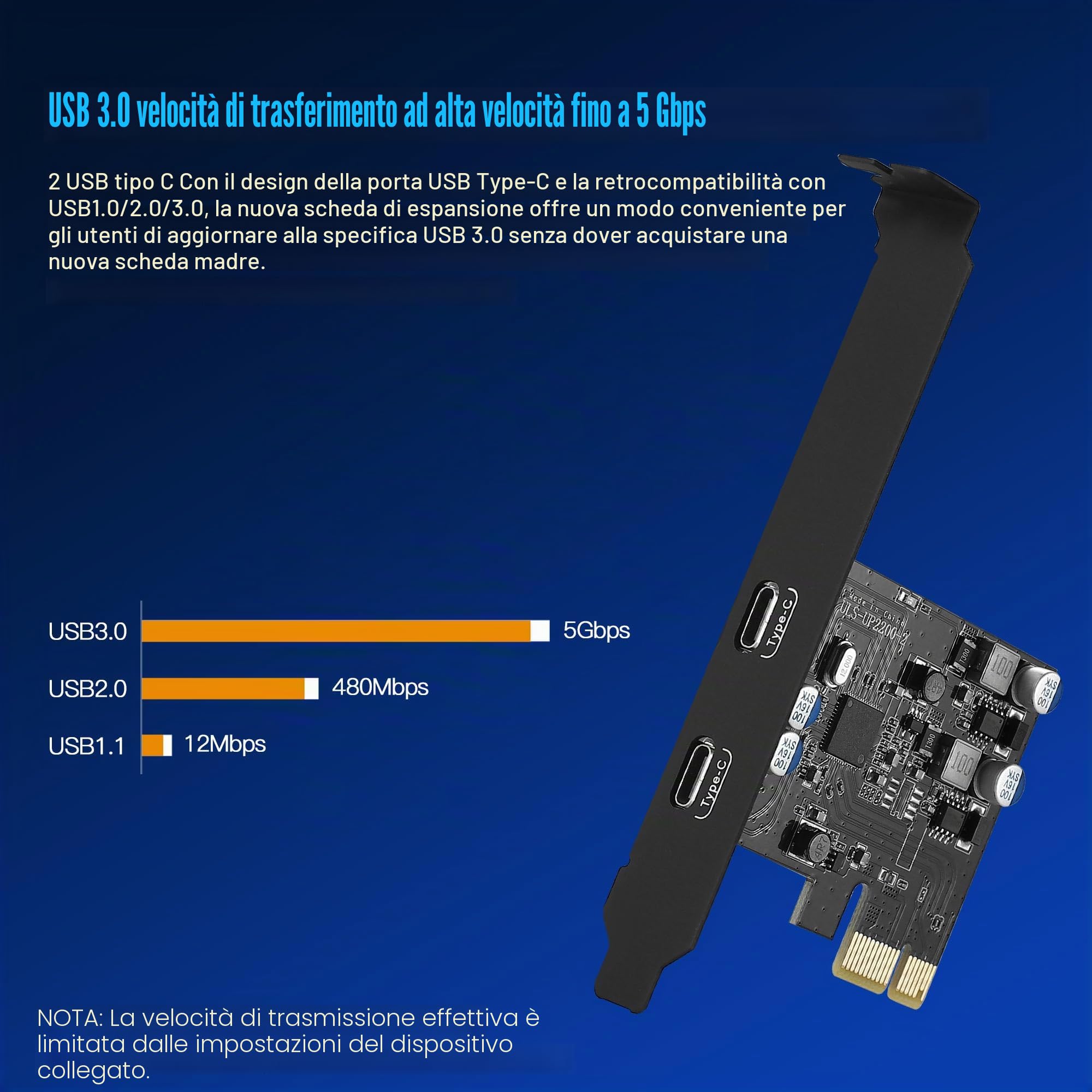 Scheda USB C PCIe a 2 porte (Power Delivery), USB 3.0 Scheda 5 Gpbs Ricarica Rapida 20 W per PC Desktop