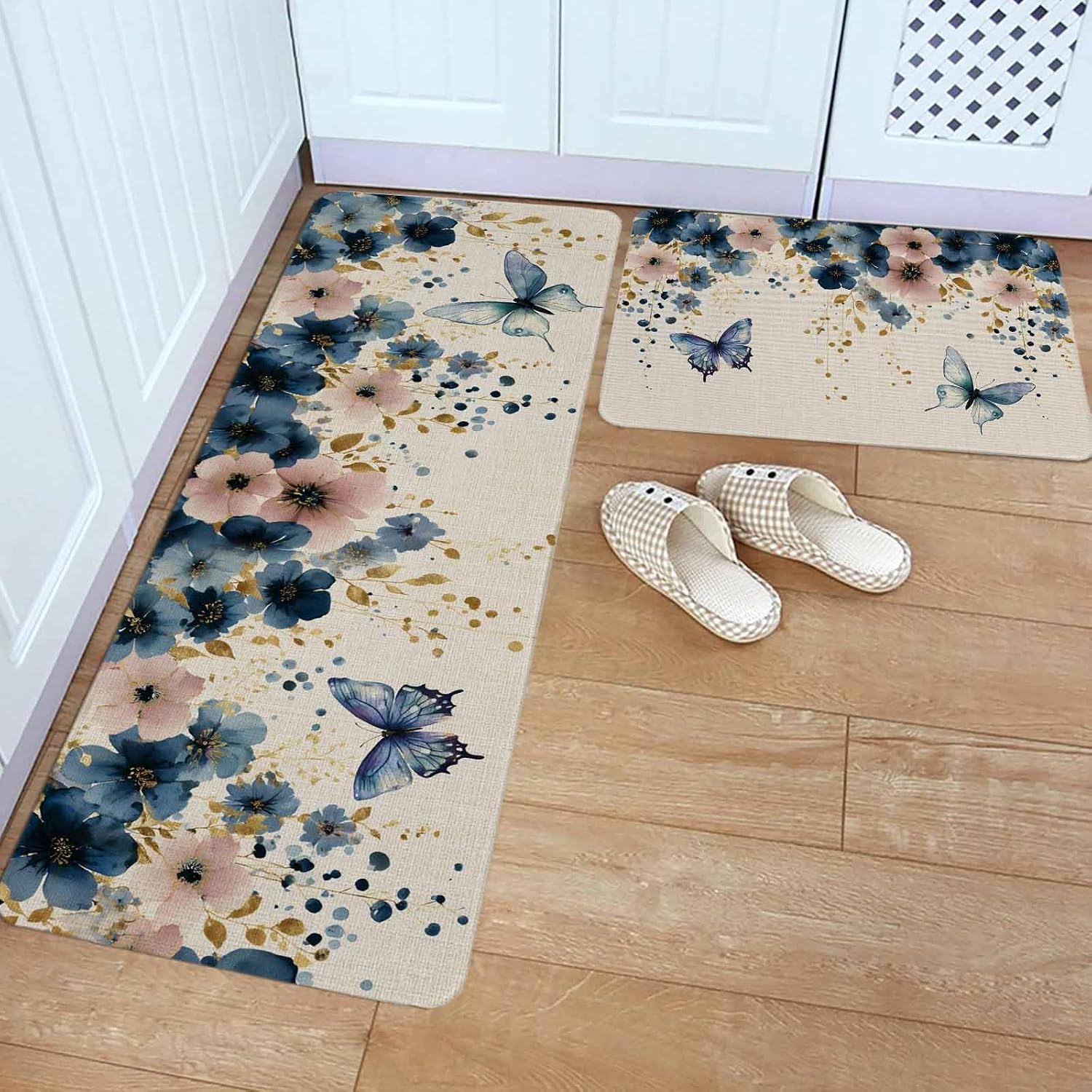 Weeping Blue Floral Kitchen Rugs and Mats Set of 2, Non-Slip Kitchen Sink Mat, Spring Butterflies Flowers Linen Washable Doormat Bathroom Rugs Runner for Bedroom/Living Room 23.6"x35.4"+23.6"x70.9"