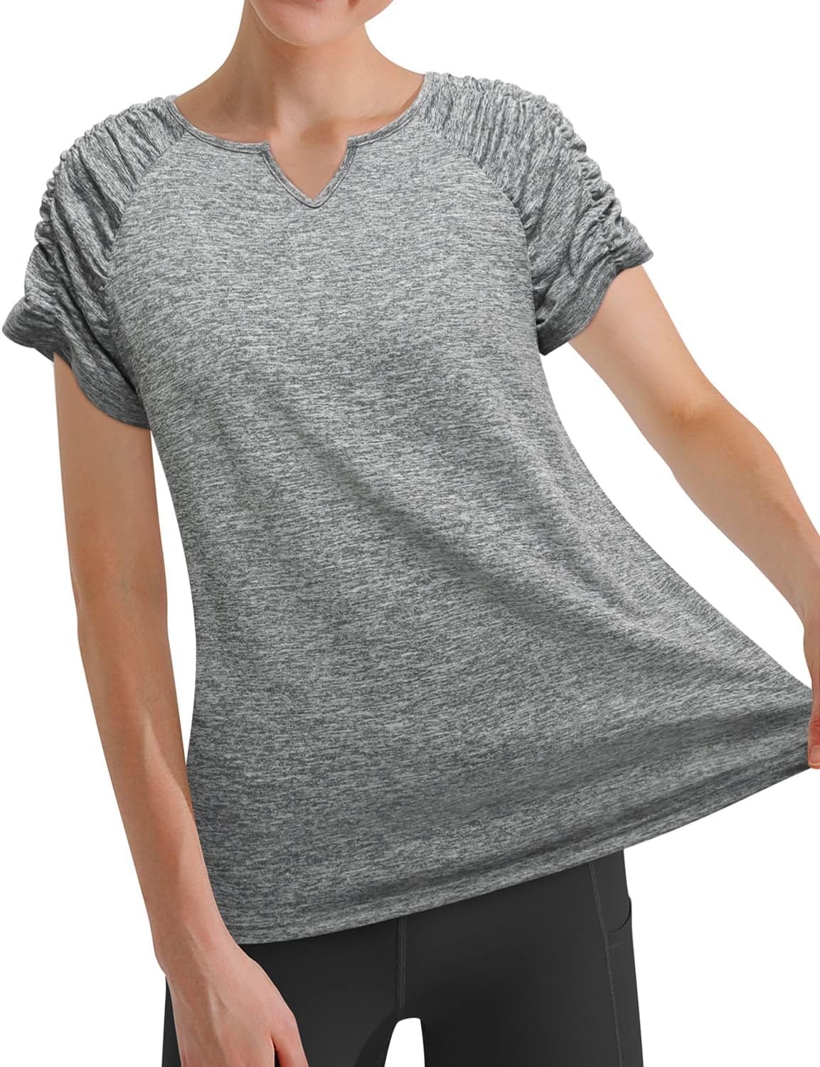 Vldnery Women's Plus Size Tops V-Neck Pleated T- Shirt Summer Casual Athletic Moisture Wicking Loose fit Shirt(2X) Light Gray