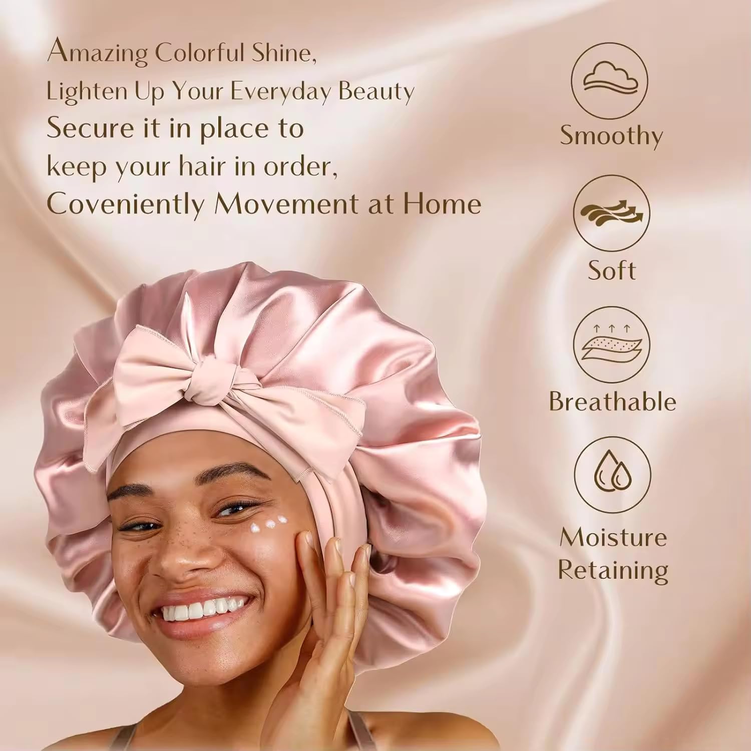Candibella Silky Bonnet for Hair with 3 Scrunchies, Adjustable Hair Cap for Sleeping, Satin Bonnet for Curly Hair with Soft Jersey Fabric Tie Band (IN, Alpha, Free Size, Rose Taupe, Silk Bonnets) 2