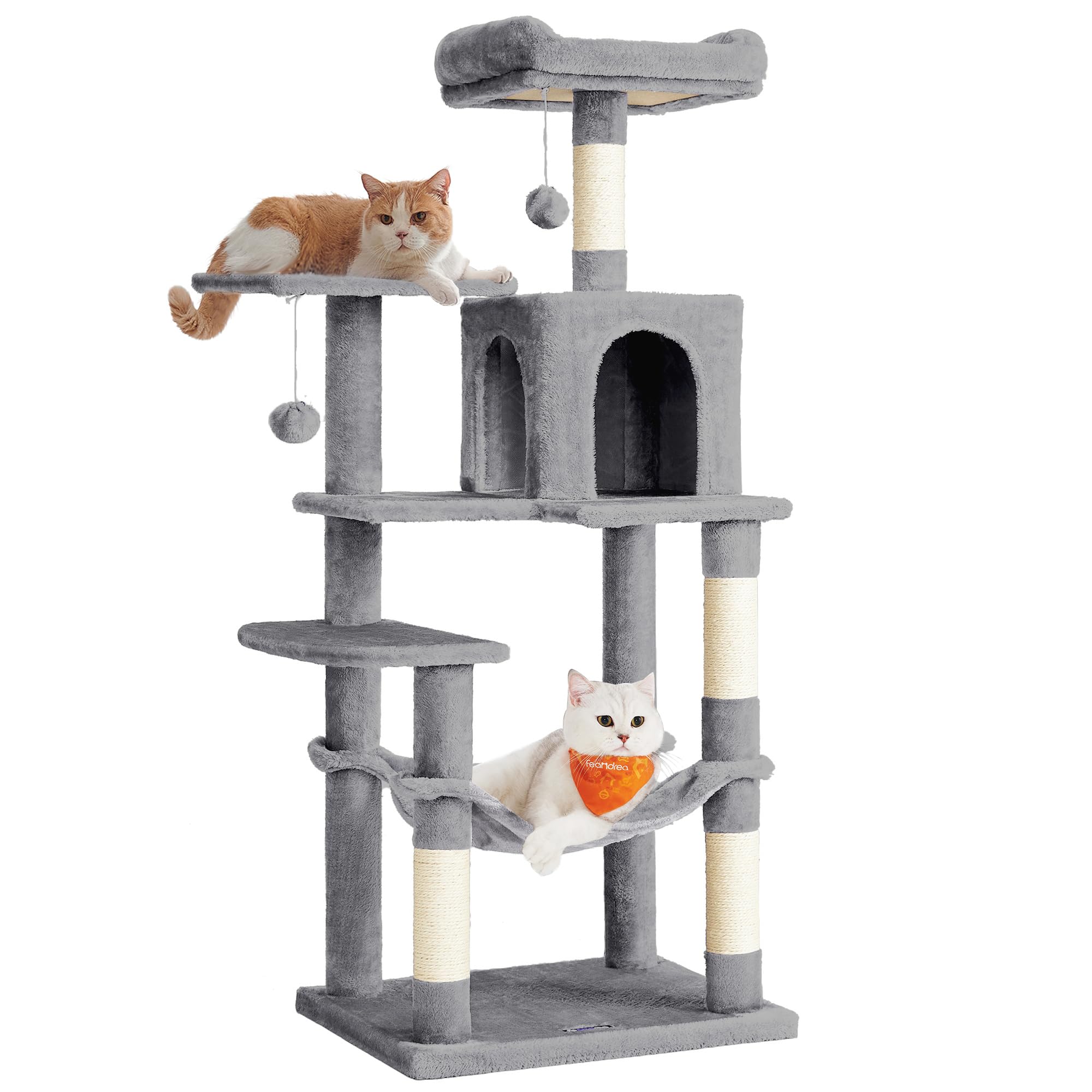 Feandrea Árbol para Gatos, Altura 143 cm, Torre de Gatos, con 4 Postes Rascadores, 2 Plataformas, 1 Cueva, 1 Hamaca, 2 Pompones, Tela de Felpa, Multinivel, Gris Claro PCT161W01