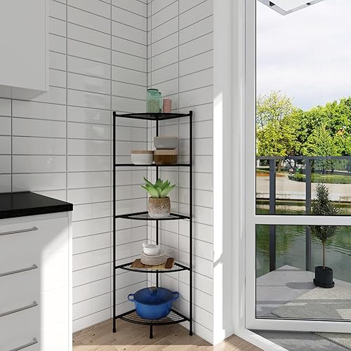 Miniatura 5 de L&H UNICO Estantería de alambre de esquina de 5 niveles para torre de spa, estante de almacenamiento multiusos para ahorrar espacio, color negro