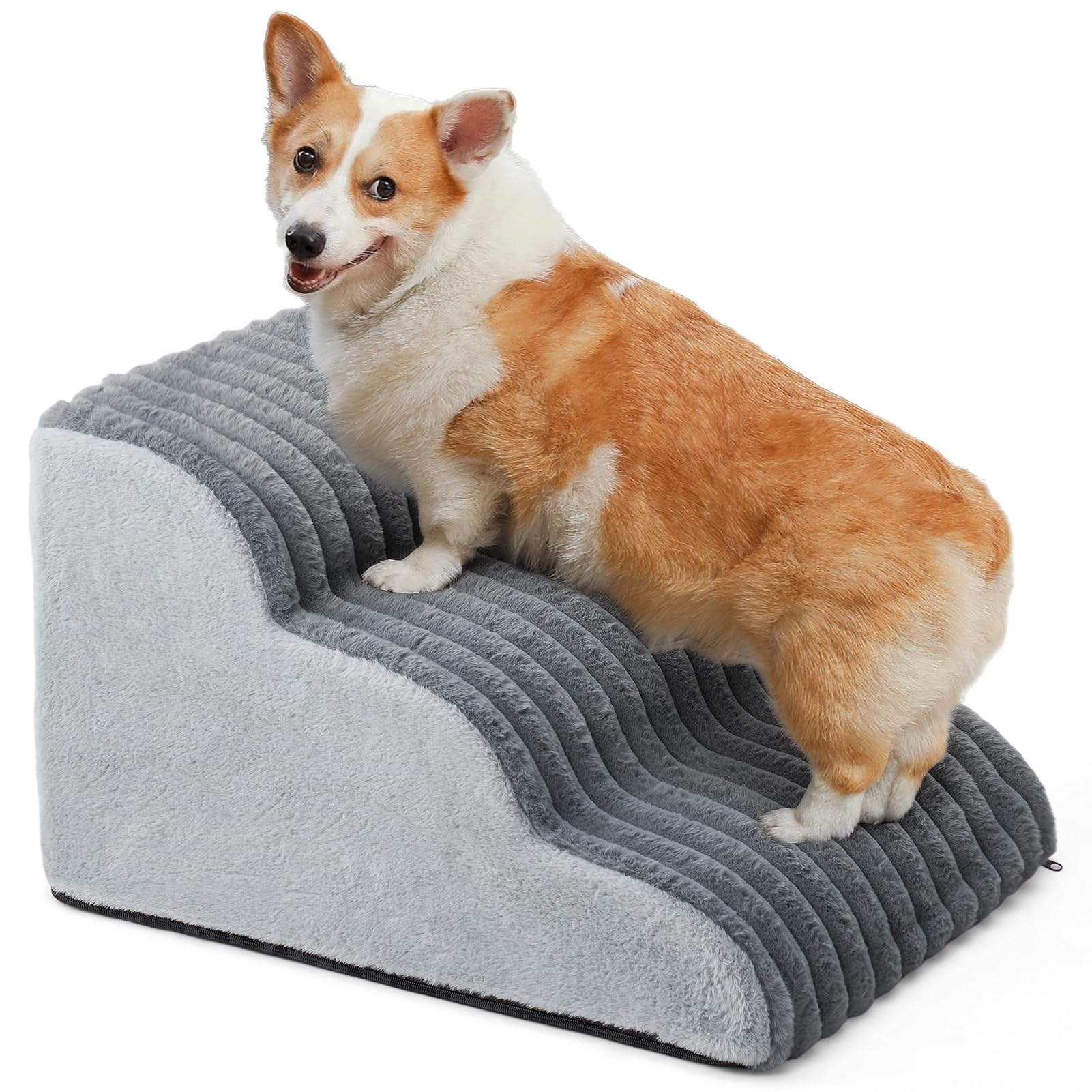 The Fellie Dog Steps for Small Dogs, Waterproof Dog Stairs for Bed Sofa, Height Adjustable Pet Steps for Small Older Injured Dogs Cats, Non-Slip Dog stairs with Washable Cover, Grey, 58x41x35cm