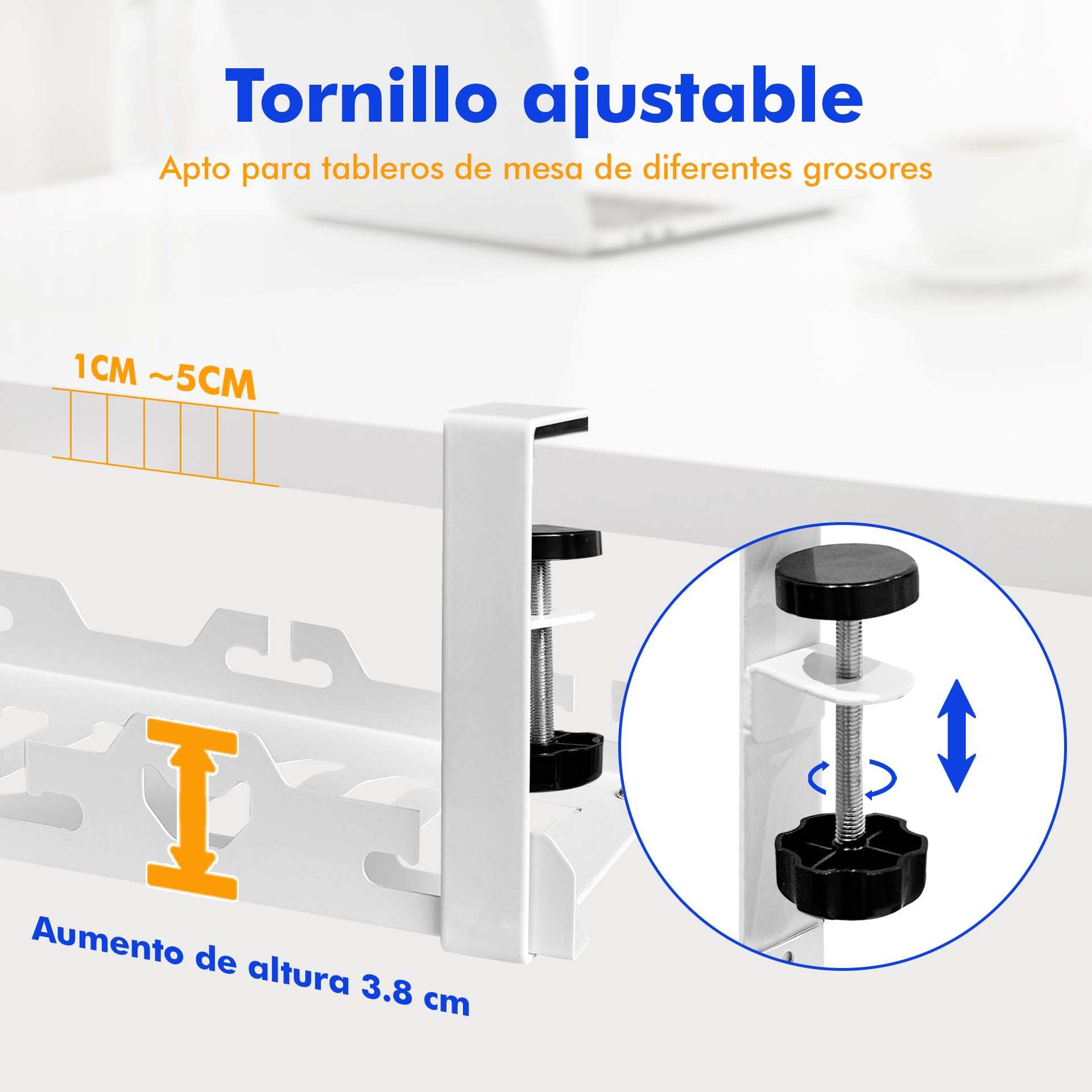 Mimoke Cesta de gestión de Cables Ajustable, sin perforación, Almacenamiento Pesado, Extensible de 40 a 74 cm, Capacidad hasta 15 kg, diseño ventilado, Adecuado para Oficina, Blanco