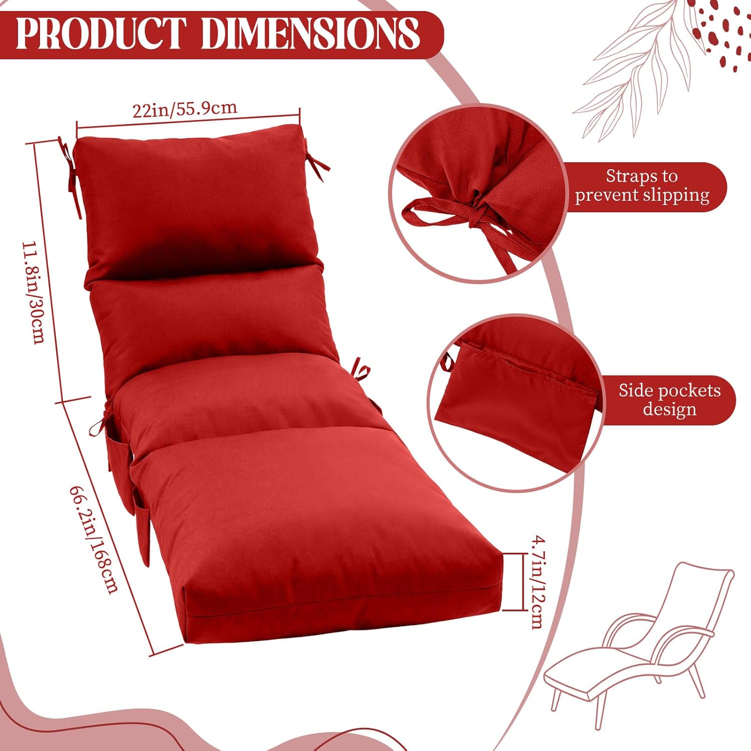 Kigley 2 Pcs Chaise Lounge Cushions, 78 x 22 x 4.7 Inch Outdoor Lounge Chair Cushions with Pocket, Thick Tufted Patio Recliner Replacement with Ties, Fade Resistant for Pool Furniture (Red)