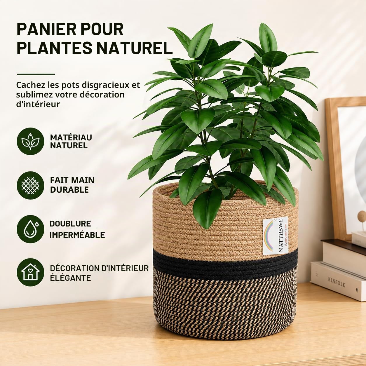 Pot de Fleurs de avec Doublure, Panier à Plantes d'intérieur en Tissu pour Pots à Fleurs de 23cm Corde de Coton Jute Pot à Plantes Décoration de la Maison