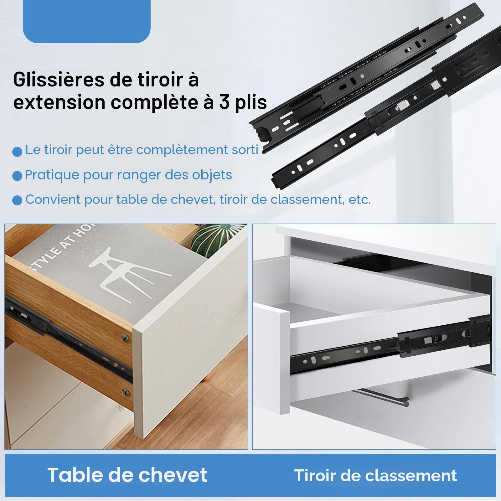 Sulawskys 6 paires glissières de tiroir 45 cm (12 pièces),glissiere pour tiroir, montage latéral,extension complète,coulisse tiroir avec roulements à billes, capacité de 45 kg, noir