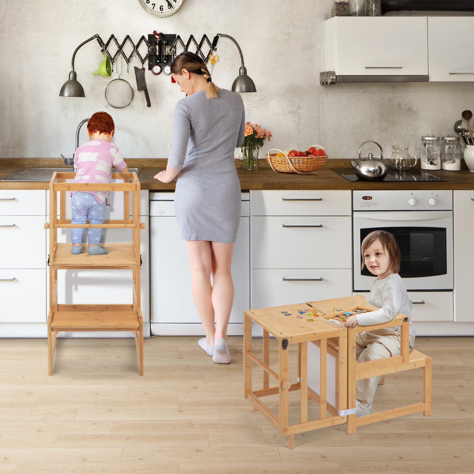 COSYLAND Montessori Lernturm ab 1 Jahr klappbar | 3 in 1 Learning Tower & Lernstuhl Kinder ab 1 Jahr | Klappbarer Montessori Lernturm mit Tafel für Küche, Tisch & Bad, Toddler Tower