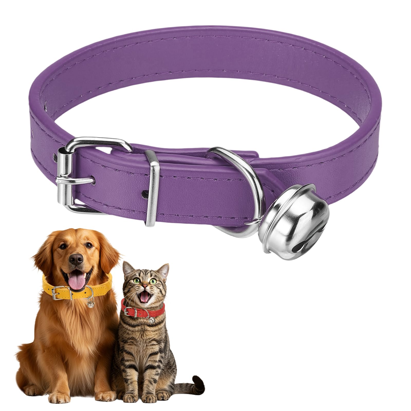 sourcing map Dog Collar with Bell, Pu Leather Cat Collars Pet Basic Soft Padded Adjustable Buckle, 16" (Purple, 1 Pcs), Intended for Teacup/Little Dog/Kitten Cats/Small Animals