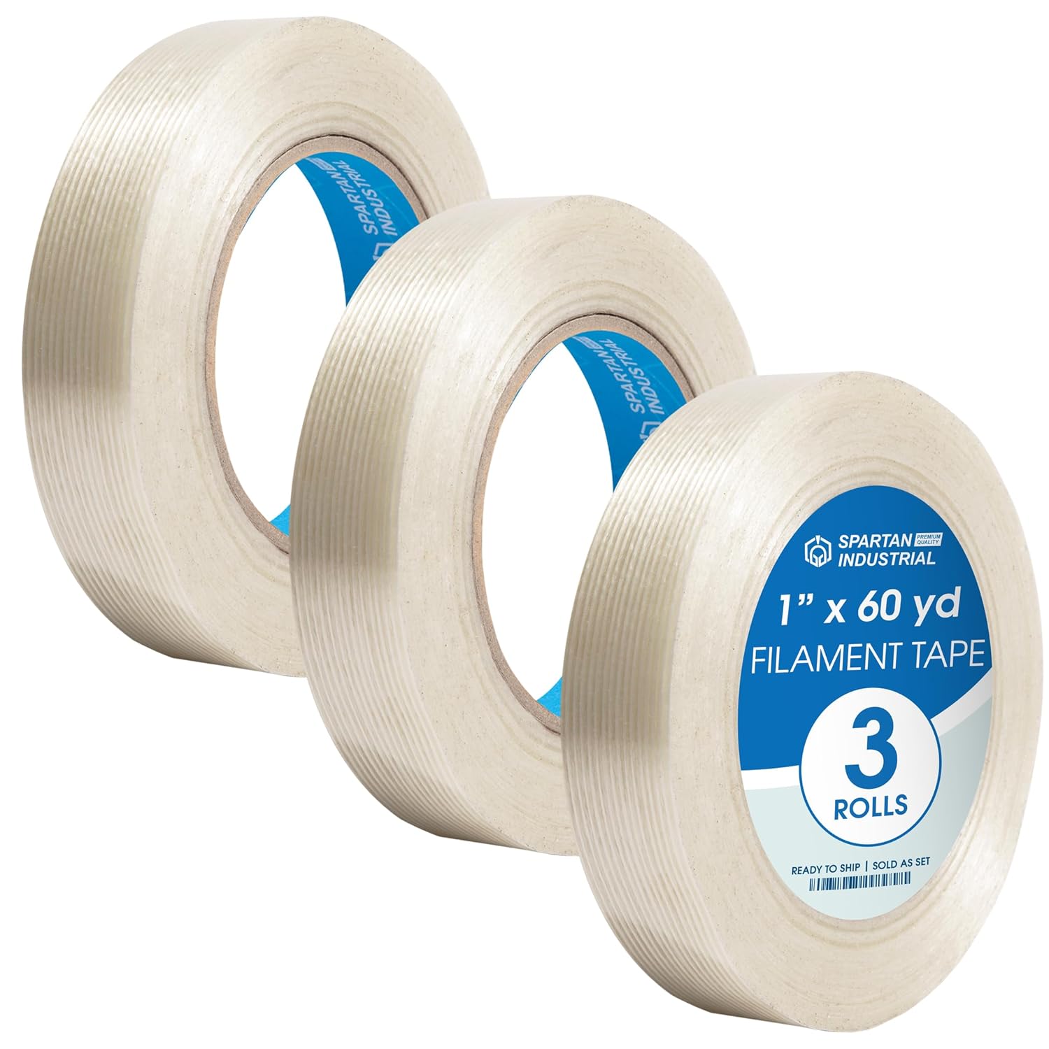 Spartan Industrial - 1" X 60 yd Fiberglass Filament Tape - 3 Tape Rolls for Heavy Boxes, Pallets, and More, Durable 6 Mil