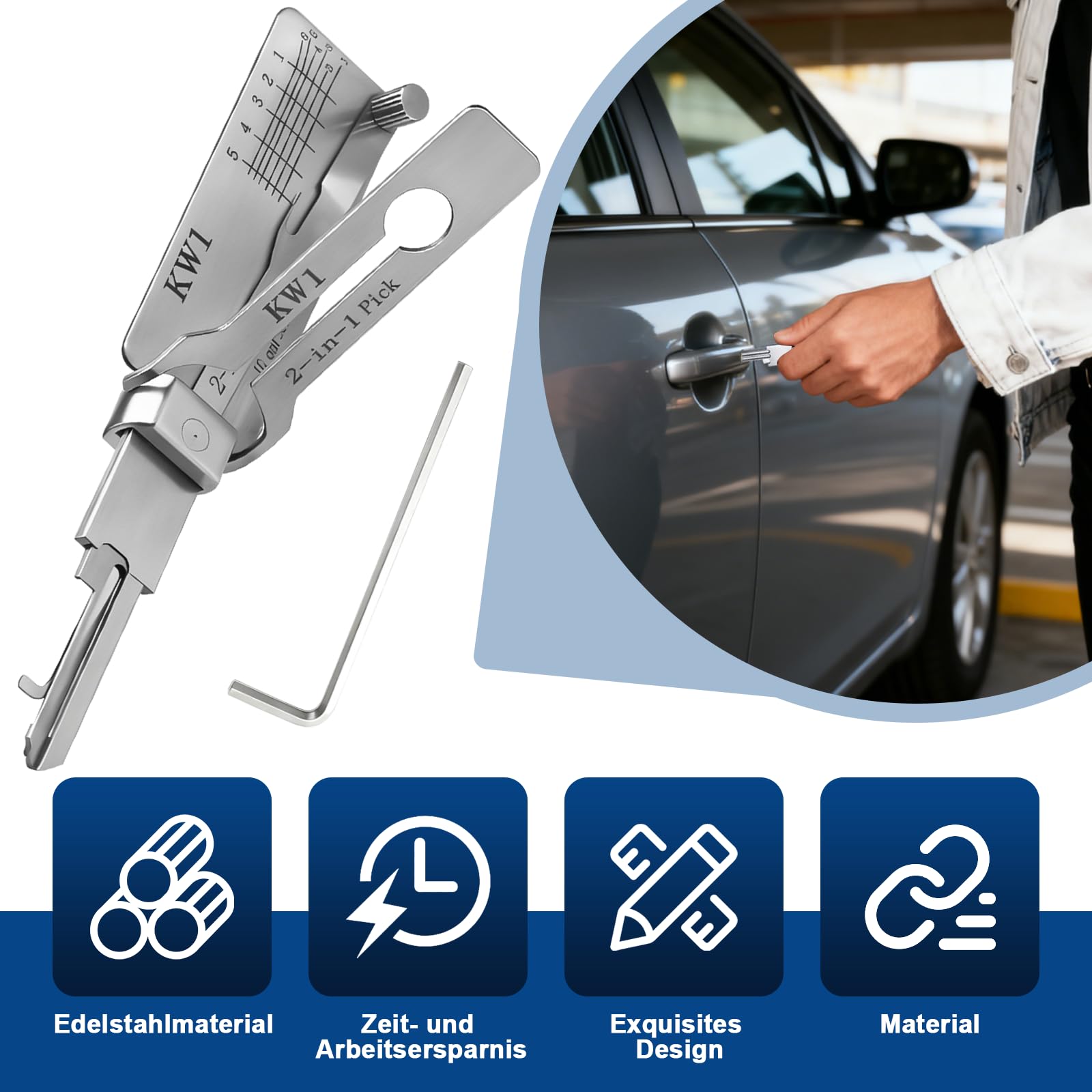 KW1 Hauptschlüssel-decoder aus Edelstahl,LiShi 2-in-1 Lock Pick und Pick-Werkzeuge,Autoschlüssel-Leser,Lockpicking Set Mehrzweck-Wartung,Reparatur-Kits,robuste Handwerkzeuge, Silber